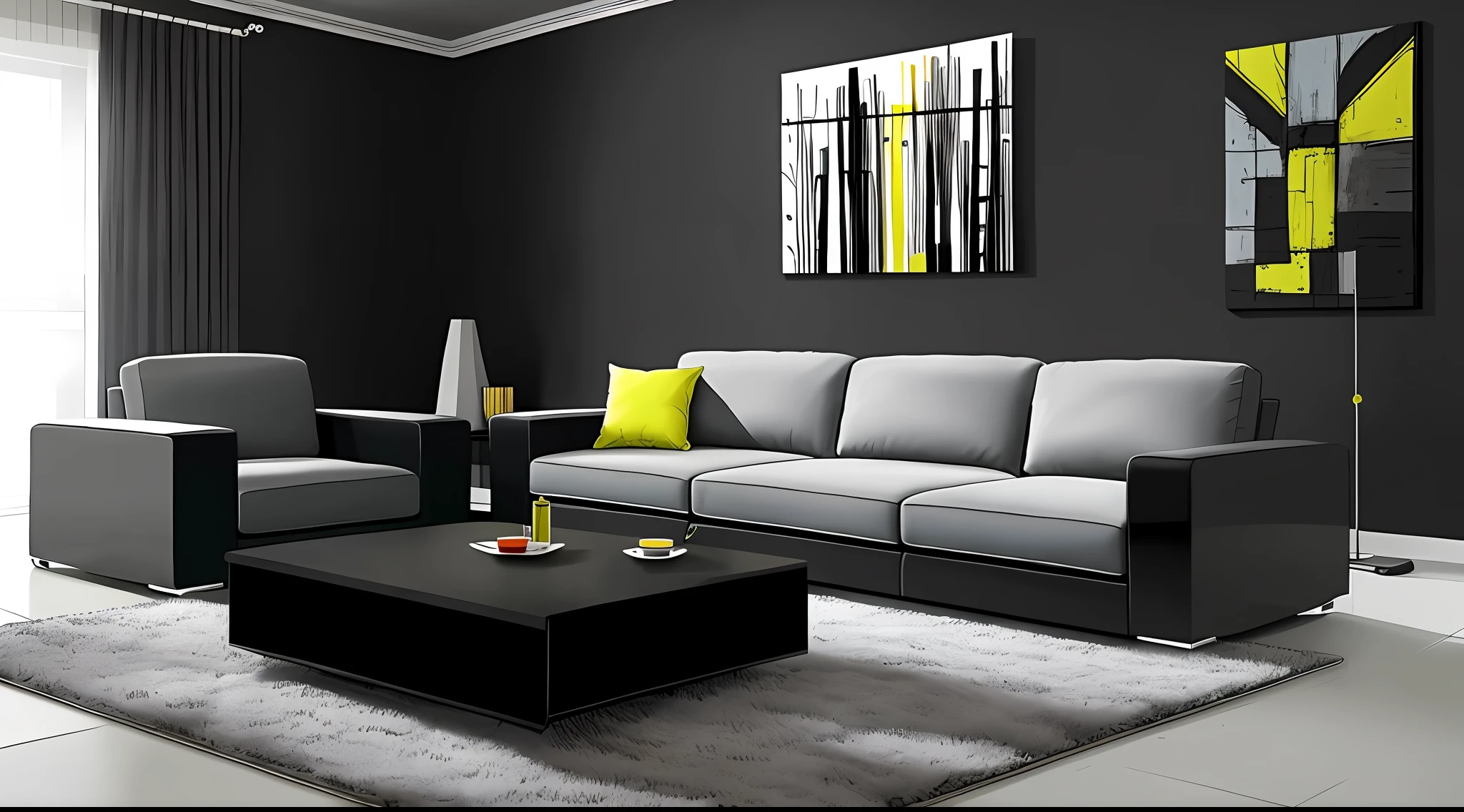 living room interior, Grey floor,Black sofa,Black coffee table, 8K, hyper HD, tmasterpiece, highest quality