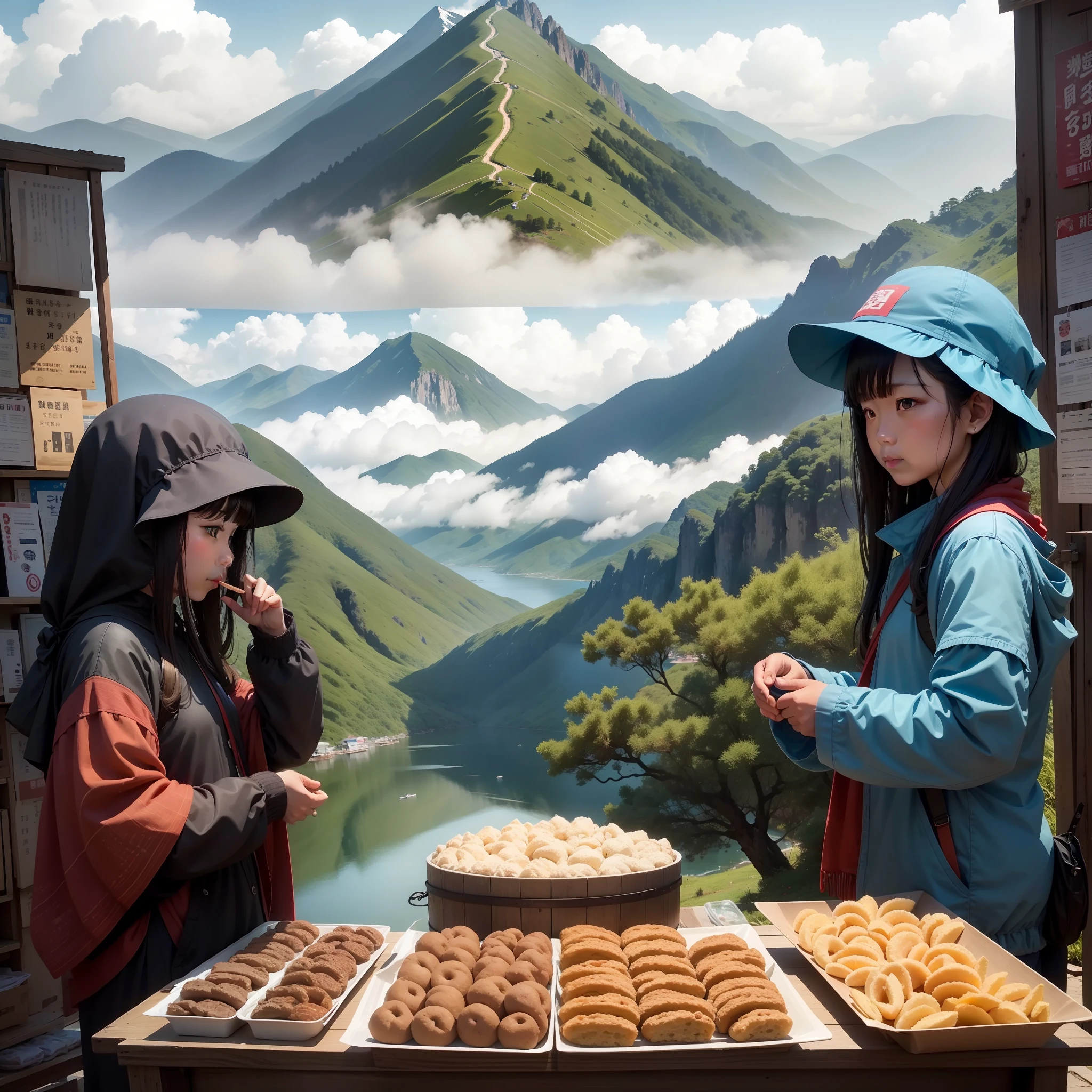 many vendors selling snacks. The mid view features the Erhai Lake and small islands, while the distant view features Cangshan Mountain partially obscured by clouds and mist while the distant view features Cangshan Mountain partially obscured by clouds and mist,while the distant view features Cangshan Mountain partially obscured by clouds and mist