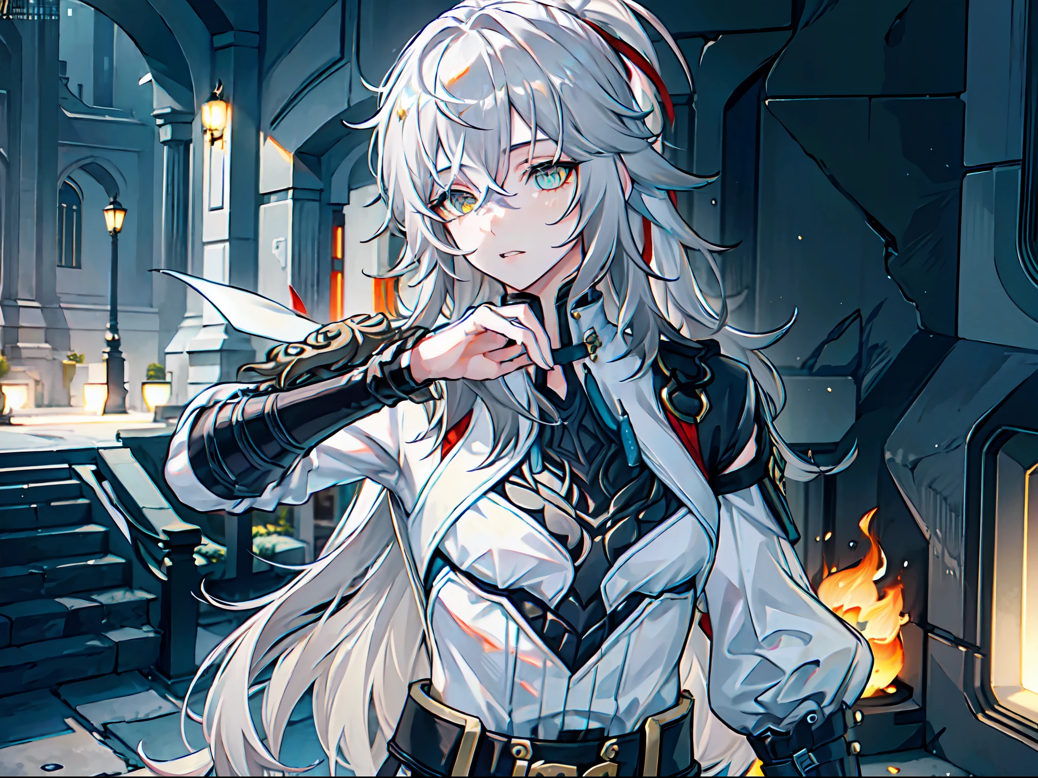 ((female)), (solo:1.2), ((masterpiece)), ((pale skin)), ((detailed eyes)), (bokeh effect), (dynamic angle), dynamic pose, gray hair, long hair, ponytail, yellow eyes