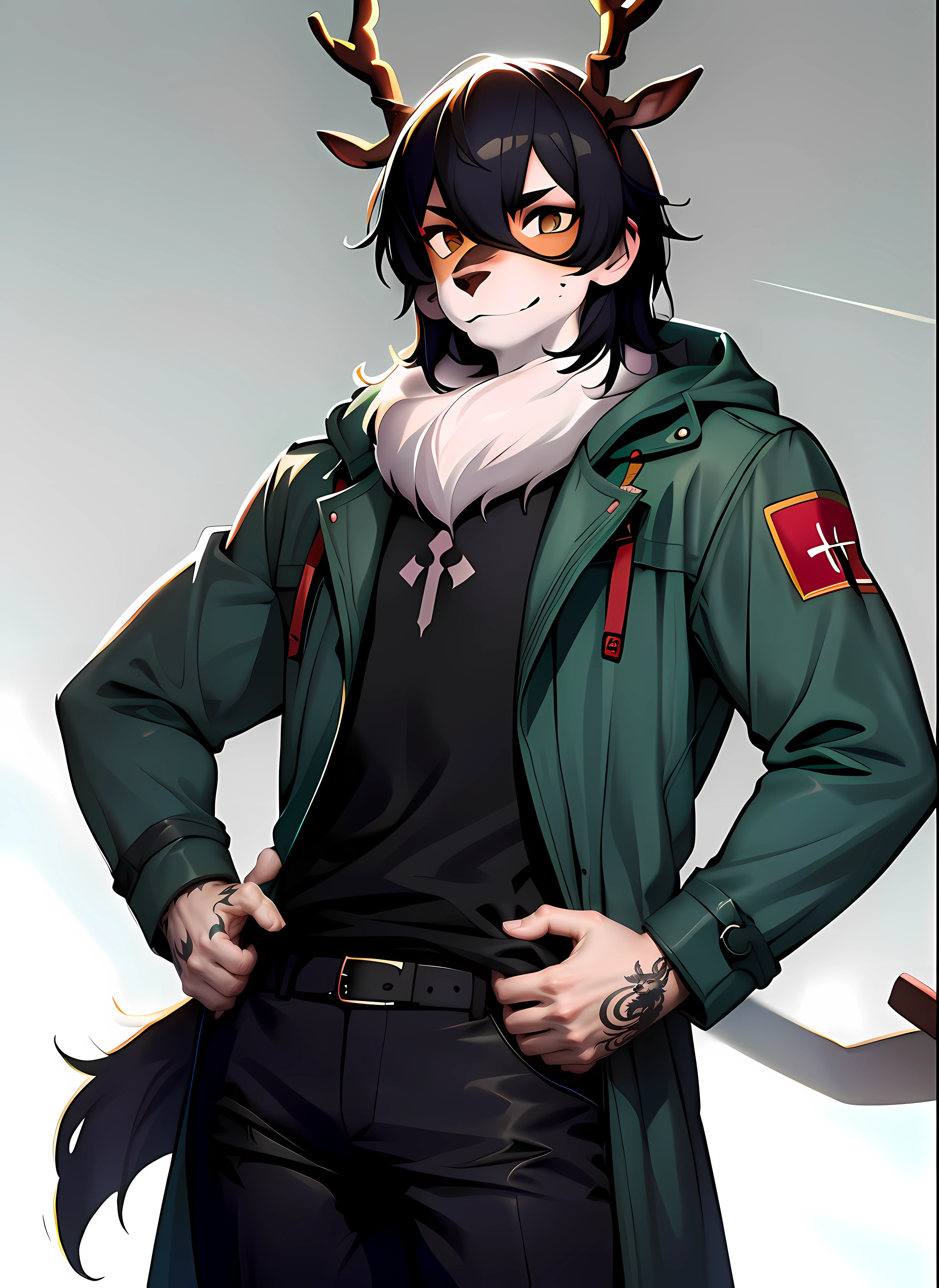 Furry，The dark green coat has no underwear，The muscles are pronounced，deer antlers，Tattoo decoration，Crossbow in hand。