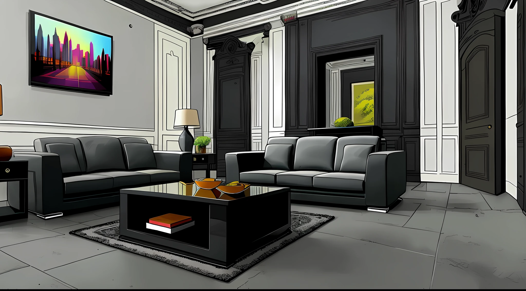 living room interior， Grey floor，Black sofa，Black coffee table， 8K， hyper HD， tmasterpiece， highest  quality