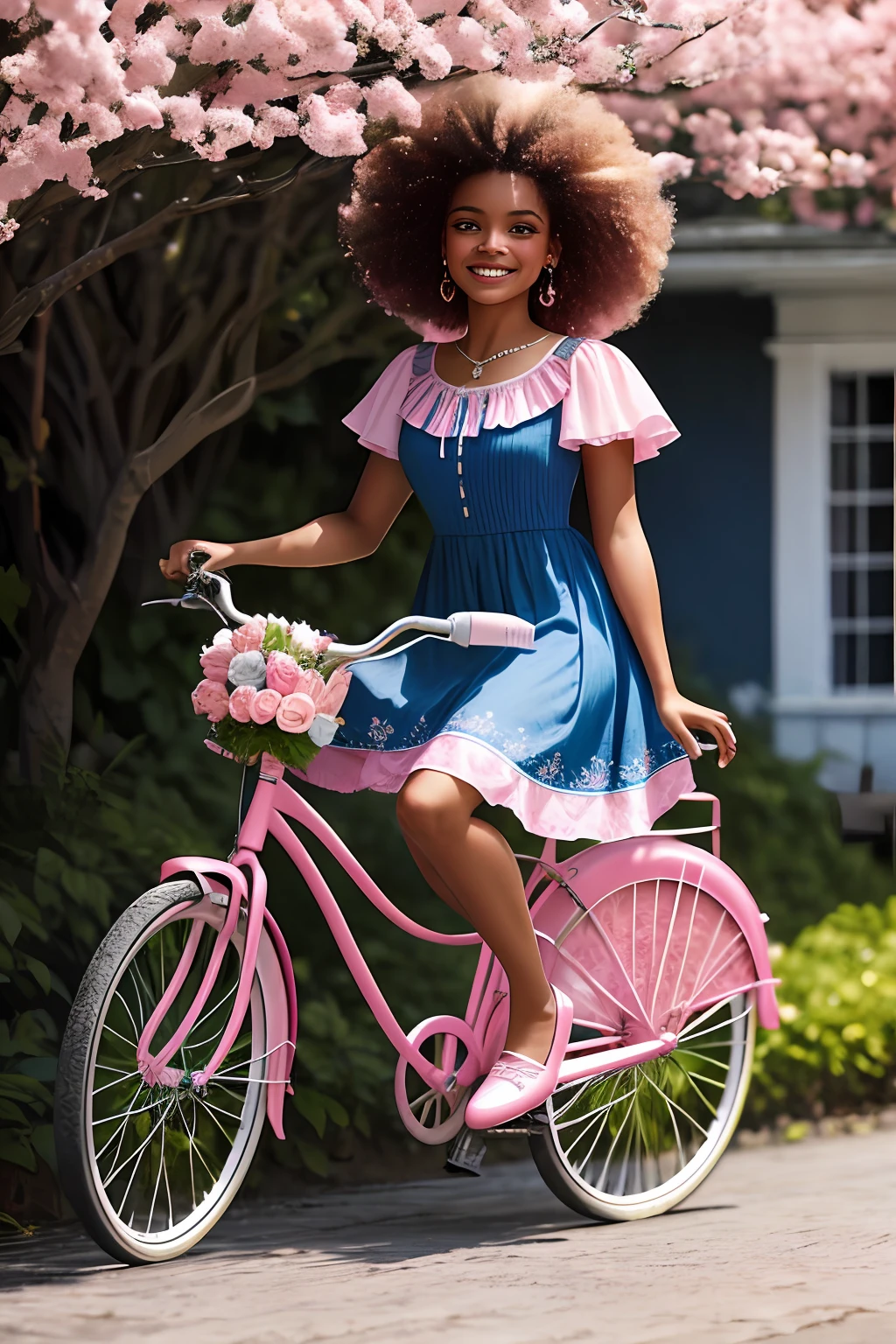 (64 mil, Foto RAW, melhor qualidade, obra-prima: 1.2), ultra-detalhado, arte formal, renderizado: 1.37, foto na parte superior do corpo,  fofa ((BRASILEIRA AFRO DESCENDENTE NEGRA),Beleza, Barbie,sorrindo e ele sorri, pose sentada em uma bicicleta (AZULROYAL E ROSA,num (vestido Pink estilo Princesa) lindo )florido )Rosa),azul e Rosa de alfaiataria brilhante,Cheio de flor cor-de-rosa)muitas flor)is colorful),pink and curly hair and braids l),Borboletas )and birds),detalhes,rosa,flor)