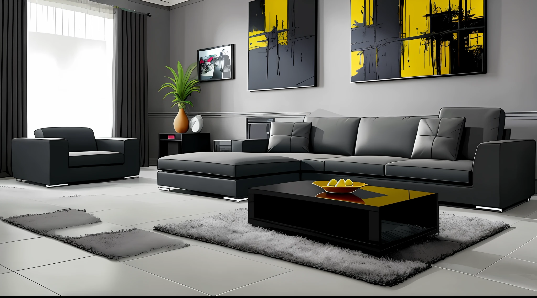living room interior， Grey floor，Black sofa，Black coffee table， 8K， hyper HD， tmasterpiece， highest  quality