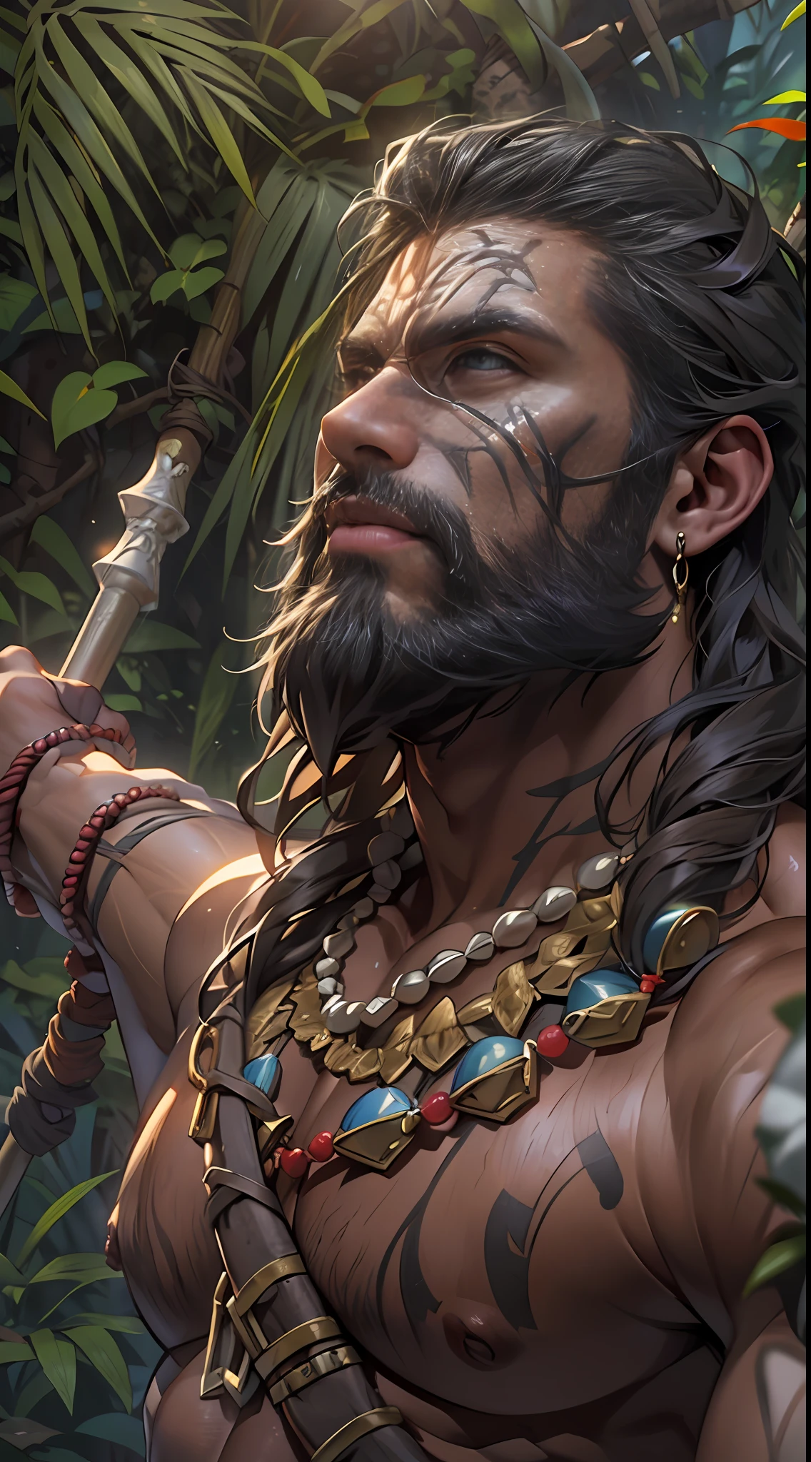 Muscular barbarian, partially  upper body, lower body uncovered from thighs to feet, bearded with beads, long flowing curls, intricate muscular details, photorealistic artwork, 4K quality. Background: Dense jungle with ancient ruins,32k uhd, best quality, masterpiece, super detail, high details