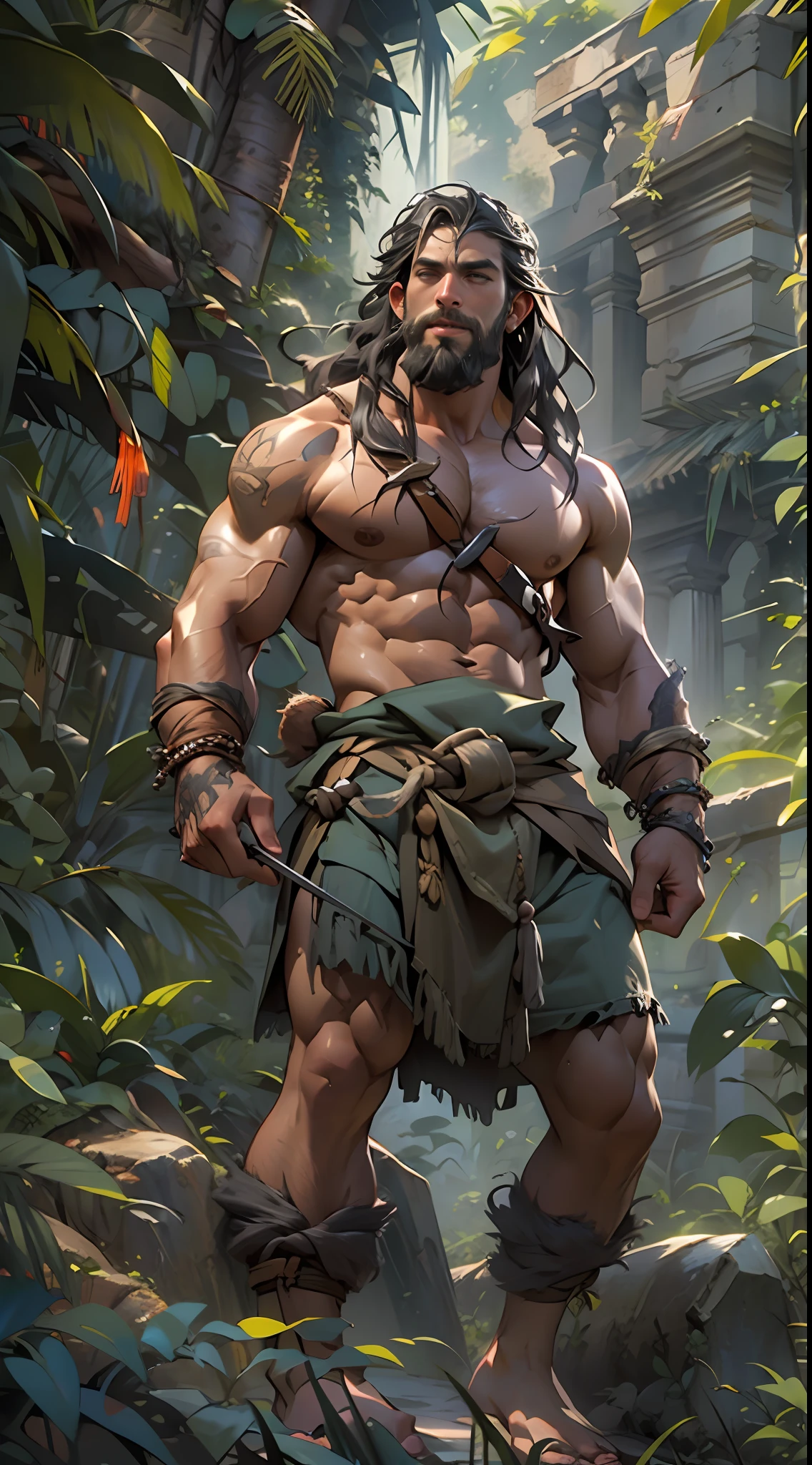 Muscular barbarian, partially upper body, lower body uncovered from thighs to feet, bearded with beads, long flowing curls, intricate muscular details, photorealistic artwork, 4K quality. Background: Dense jungle with ancient ruins,32k uhd, best quality, masterpiece, super detail, high details