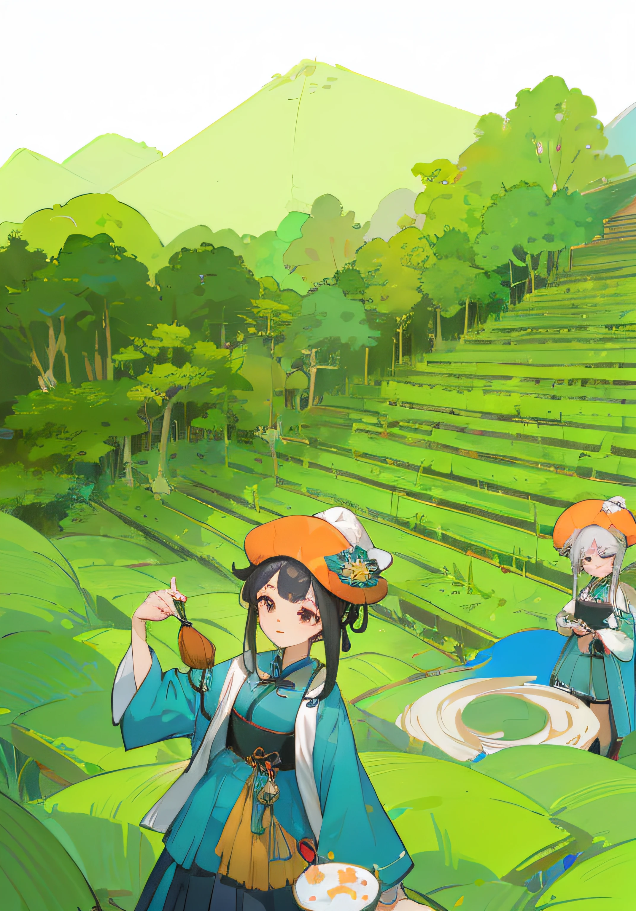 ((4K,Masterpiece,Best quality)), shuimobysim, Traditional Chinese painting, teals, Li，Li costumes, maxikit, Dress conservatively 1girl, Solo, cabelos preto e longos, ssmile, standing on your feet, Tea picking，Chashan，tea plantation