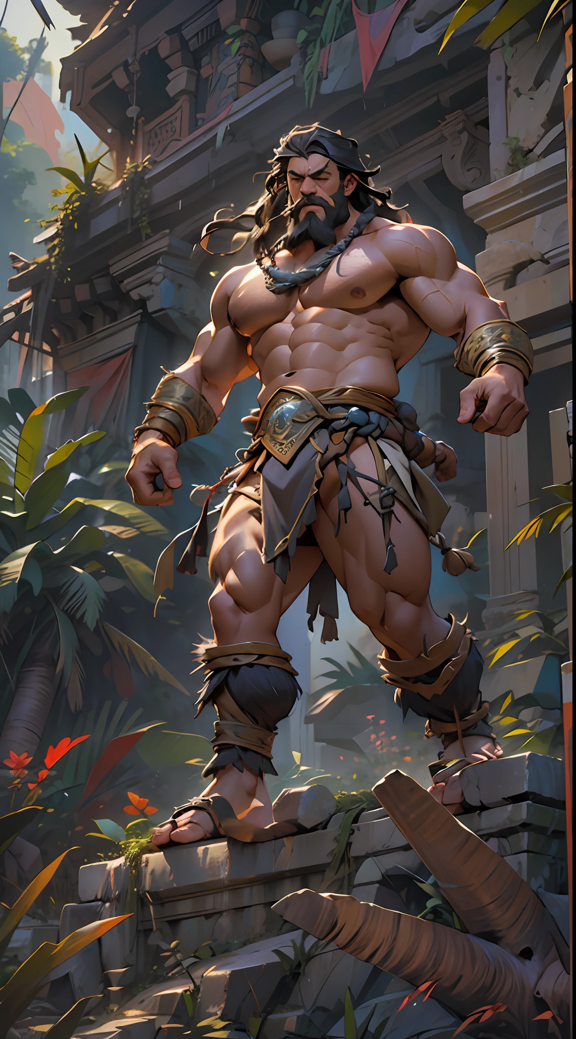 Muscular barbarian, partially upper body, lower body uncovered from thighs to feet, bearded with beads, long flowing curls, intricate muscular details, photorealistic artwork, 4K quality. Background: Dense jungle with ancient ruins,32k uhd, best quality, masterpiece, super detail, high details