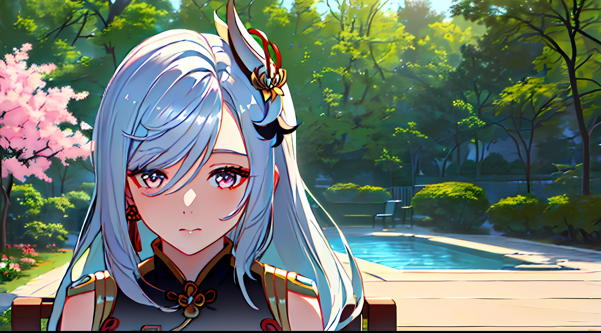 (8k, RAW photo, best quality, masterpiece:1.2), ulra high res, (photorealistic:1.4), 1girl,thighhighs, (Kpop idol),(aegyo sal:1),((puffy eyes)), silver eyes, looking at viewer,(realistic, photo-realistic:1.37),1girl, (cool face:0.6), professional lighting, photon mapping, radiosity, physically-based rendering,shiny hair, long hair,hair_ornament,hair_between_eyes, long_hair, (silver_hair:1.2),bangs, genshin impact, shenhe \(genshin impact\), Shenhe \(genshin impact\), (half body shot: 1.5), Sitting on a garden chair, Sakura trees in the background