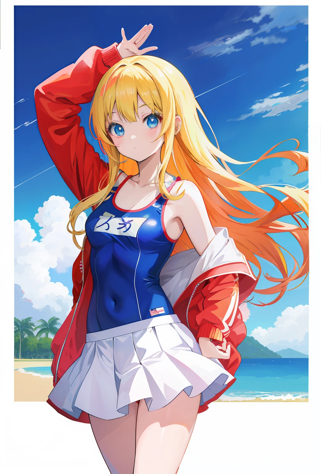 Anime girl in patriotic swimsuit, (Anime girl), Cute anime girl, Anime moe art style, Anime art style, !!Full body portrait!!, anime girl desktop background, offcial art,  anime best girl, High quality anime art style, Marin Kitagawa fanart, Patriotic!, Blonde anime girl with long hair, anime visual of a cute girl