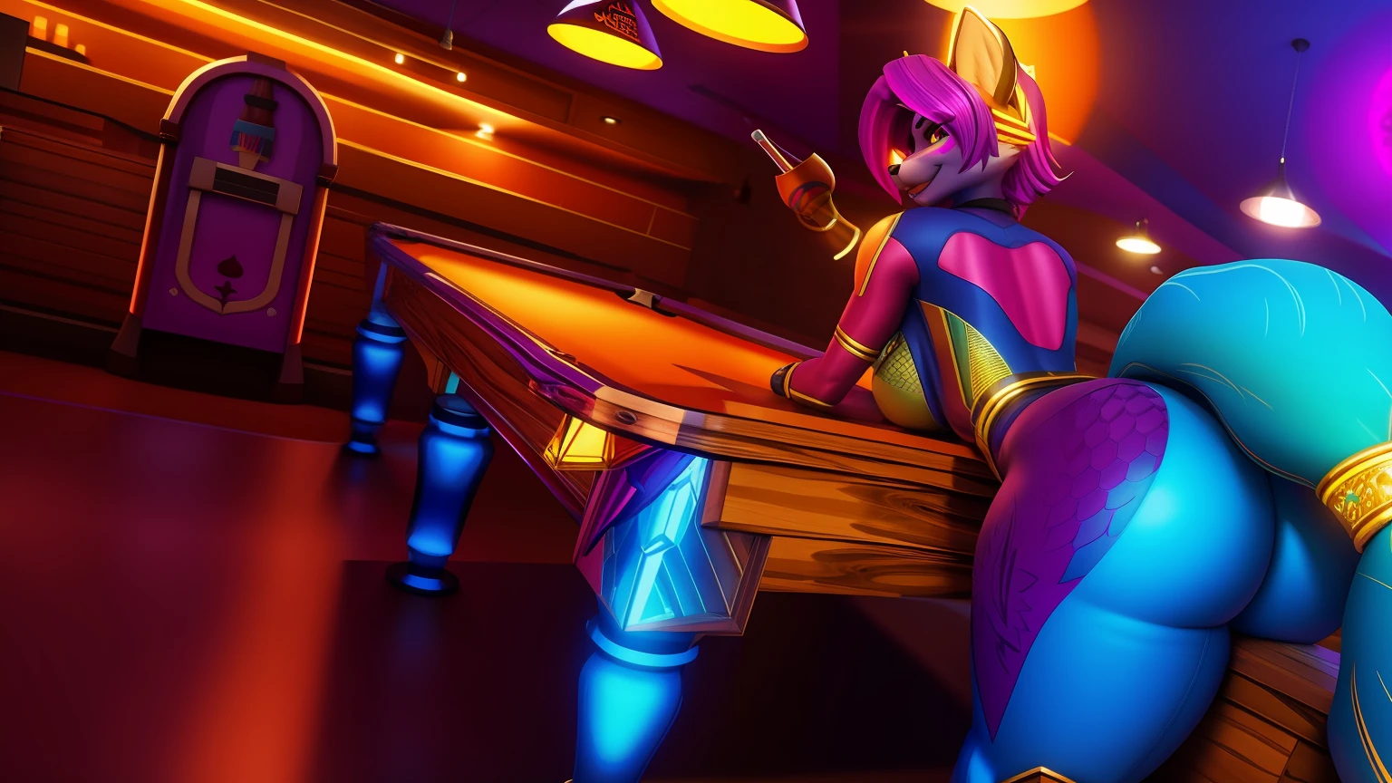 there is a woman sitting on a pool table with a pool cue, rendered in sfm, pov furry art, sfw version, commission for high res, fun pose, saints row fursuit tails mod, lecherous pose, blue moon ray tracing, sitting at the bar, bottom shot, sassy pose, rendered in pov - ray, at a bar, big butt, thicc, big breasts