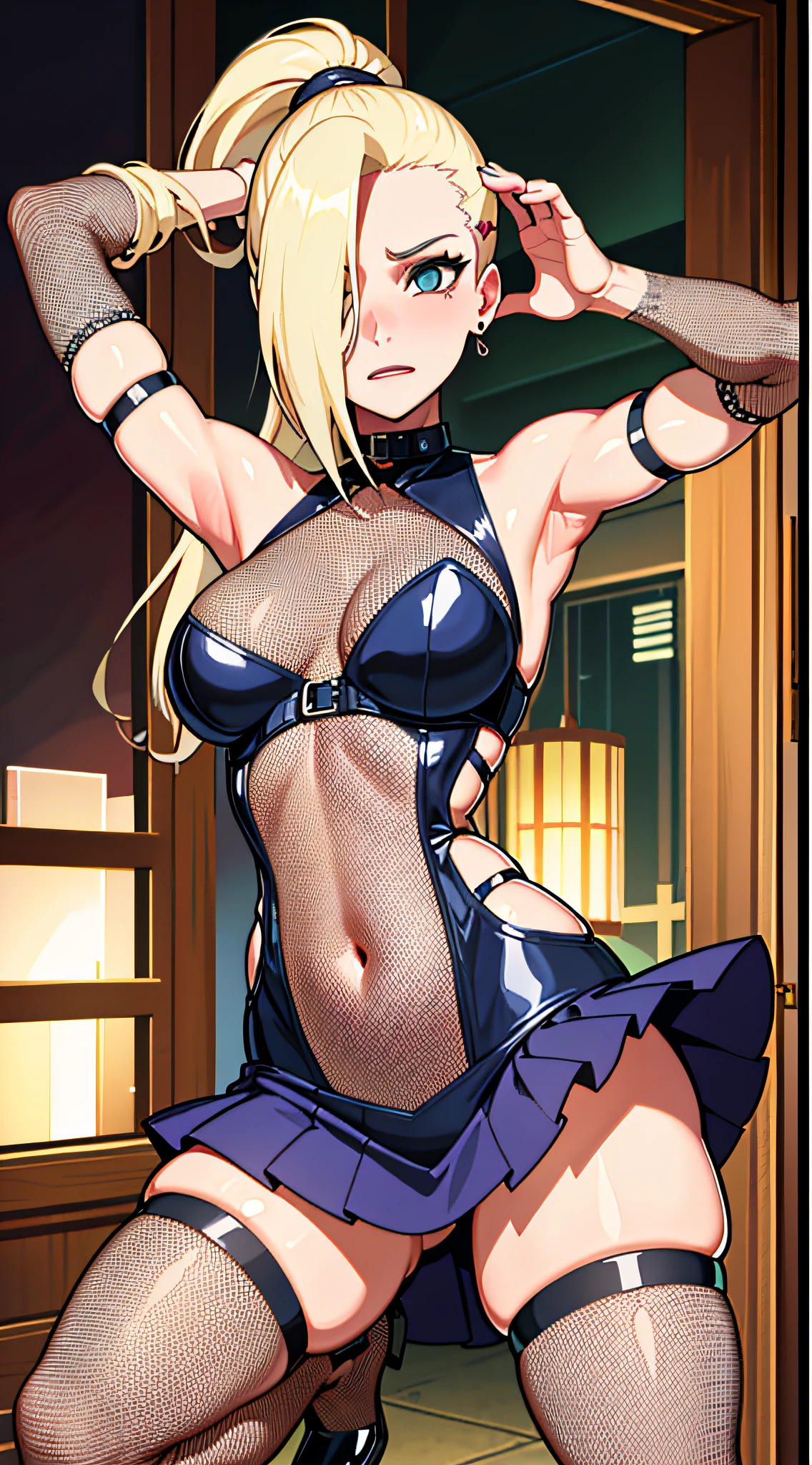 （（Ino yamanaka））， realisticlying， best qualtiy， （Ino yamanaka），（（（（Skirt that wraps hips： 1.5））））， （（Collar））， （））））， （beast ear），（Expression humiliation），（Be red in the face），（show navel）， full bodyesbian， （）， （20 yrs）， （（fishnet stockings： 1.5））， （Large breasts： 1.9））））， （Raised  ： 1.8），（））））， （（（（（Open legs： 1.8）