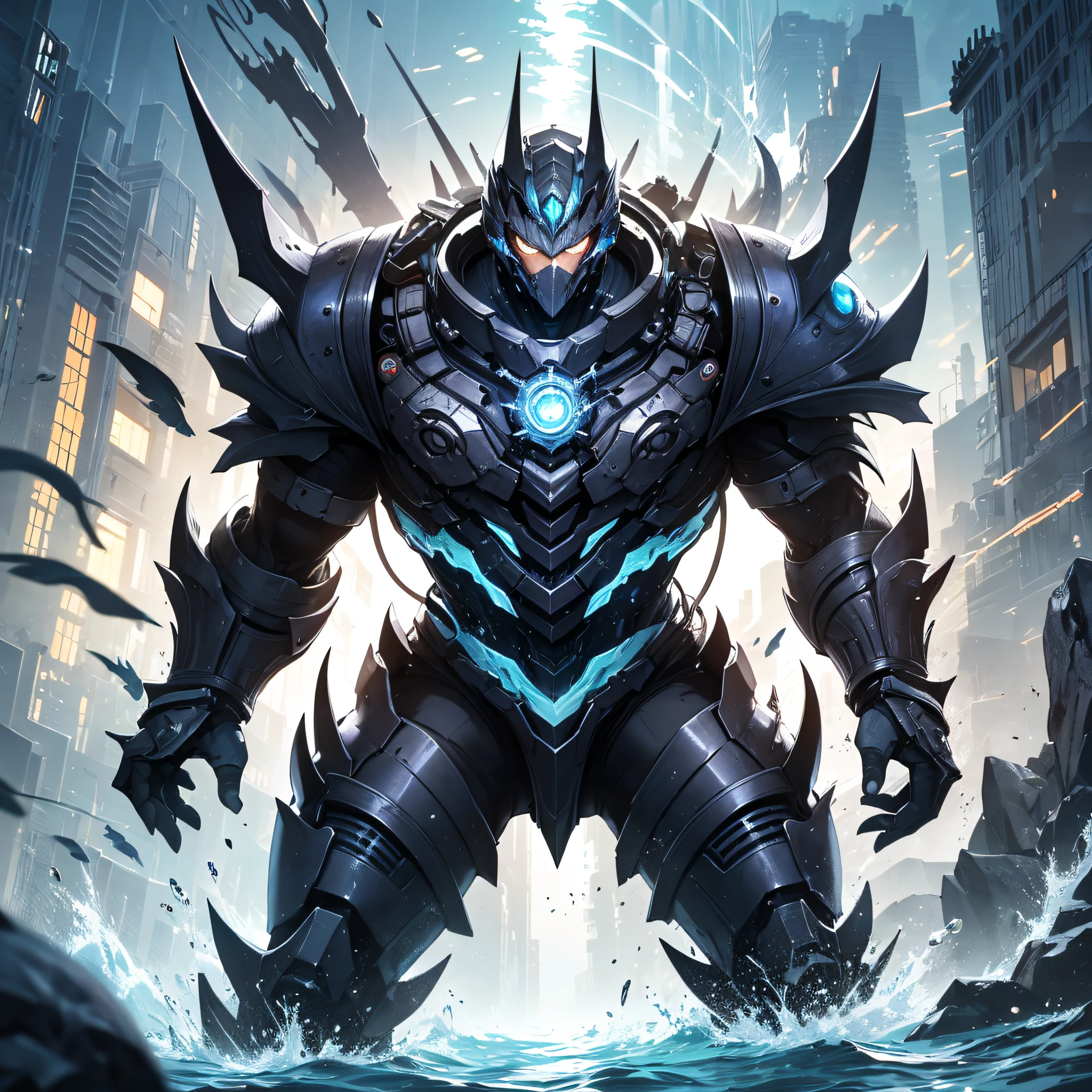 Ridiculous resolution,A high resolution,(tmasterpiece:1.4),Hyper-detailing,Underwater world,Blue mechanical titan giant,charging up,combat state,shock,blasts,Red