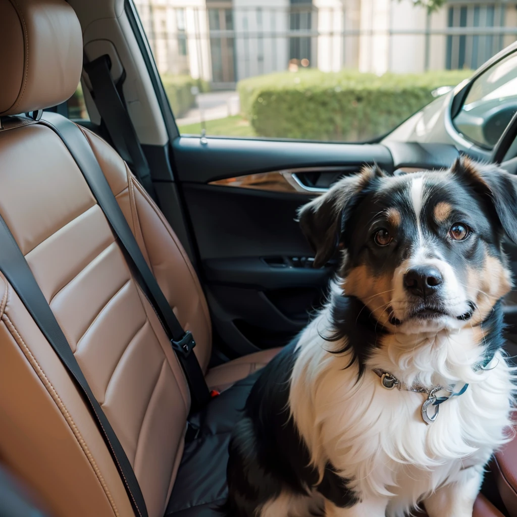 A dog sitting in the back seat of a car with a bored expression