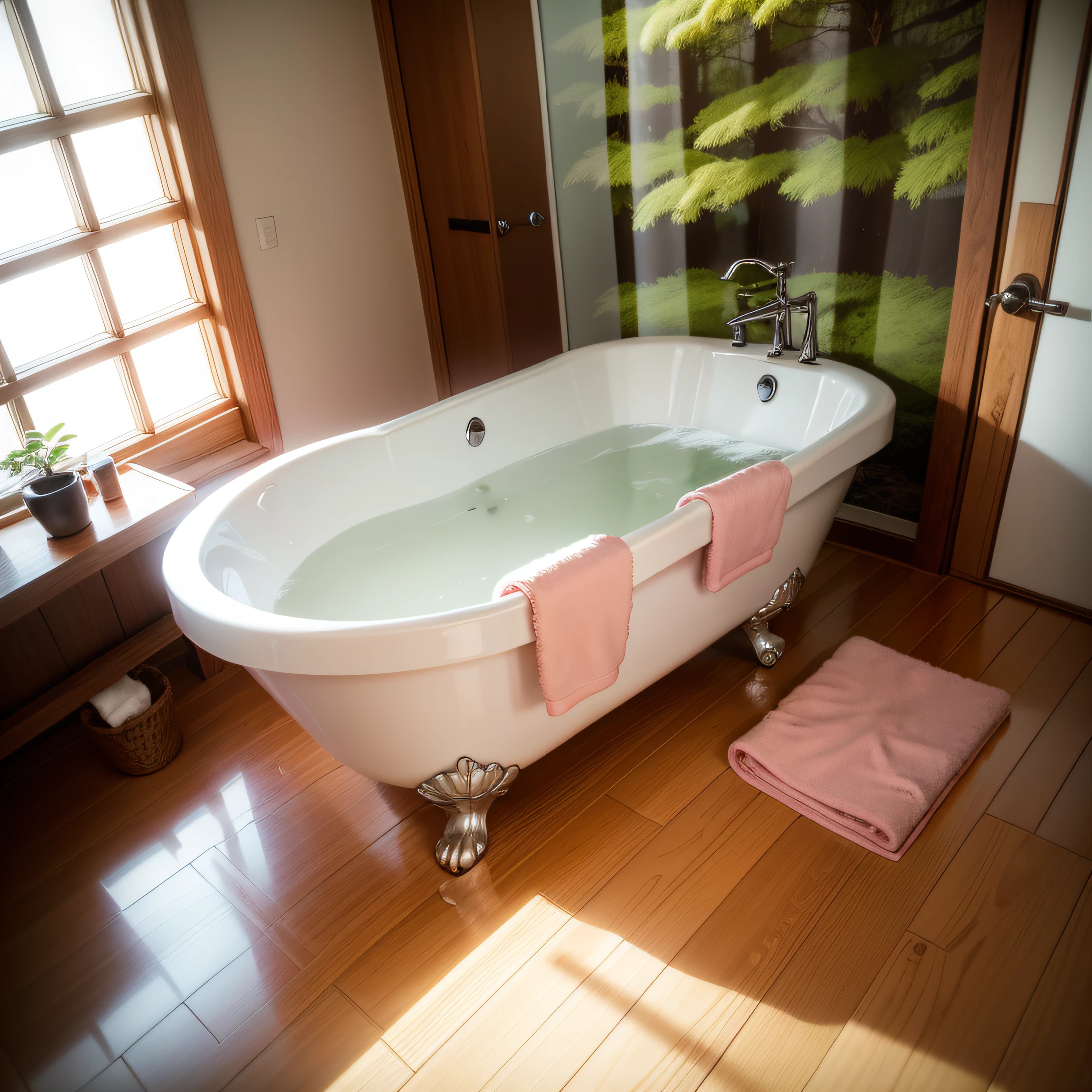 Bathroom with wooden floors,Japanese style,photorealestic,Photographic pictures,There was a bath,There are greenery,Nordic wooden flooring,Japanese toiletries on the floor,There are pink towels on the bath