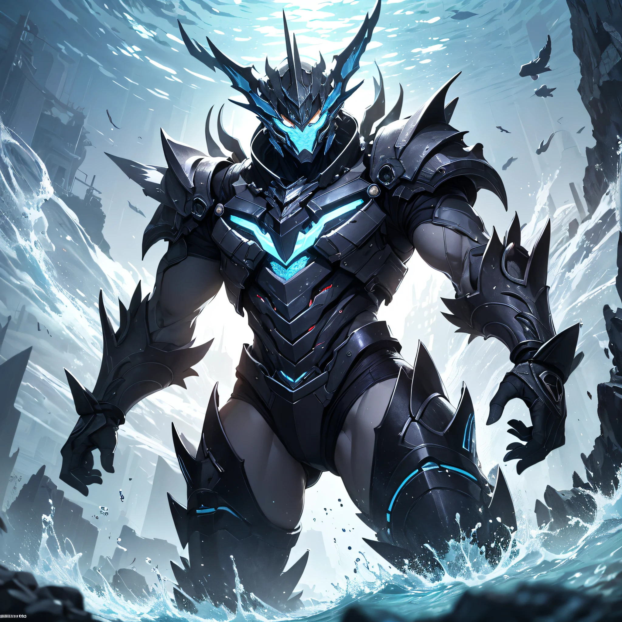 Ridiculous resolution,A high resolution,(tmasterpiece:1.4),Hyper-detailing,Underwater world,Blue mechanical titan giant,charging up,combat state,shock,blasts,Red
