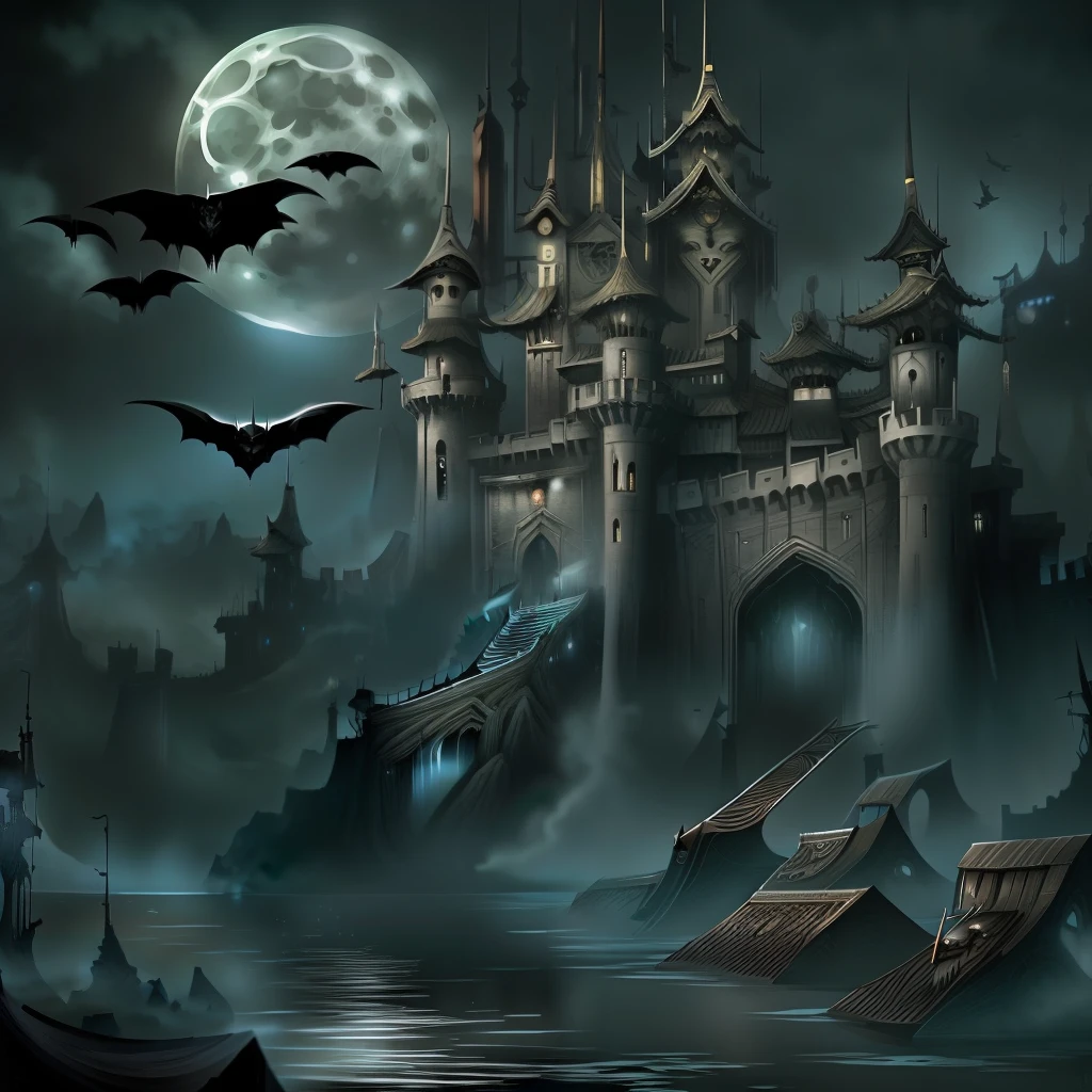 Epic composition, high-quality photo, best qualtiy,tmasterpiece,超高分辨率,(realisticlying:1.4),Black night,Fortress of fantasy,themoon,the bats,