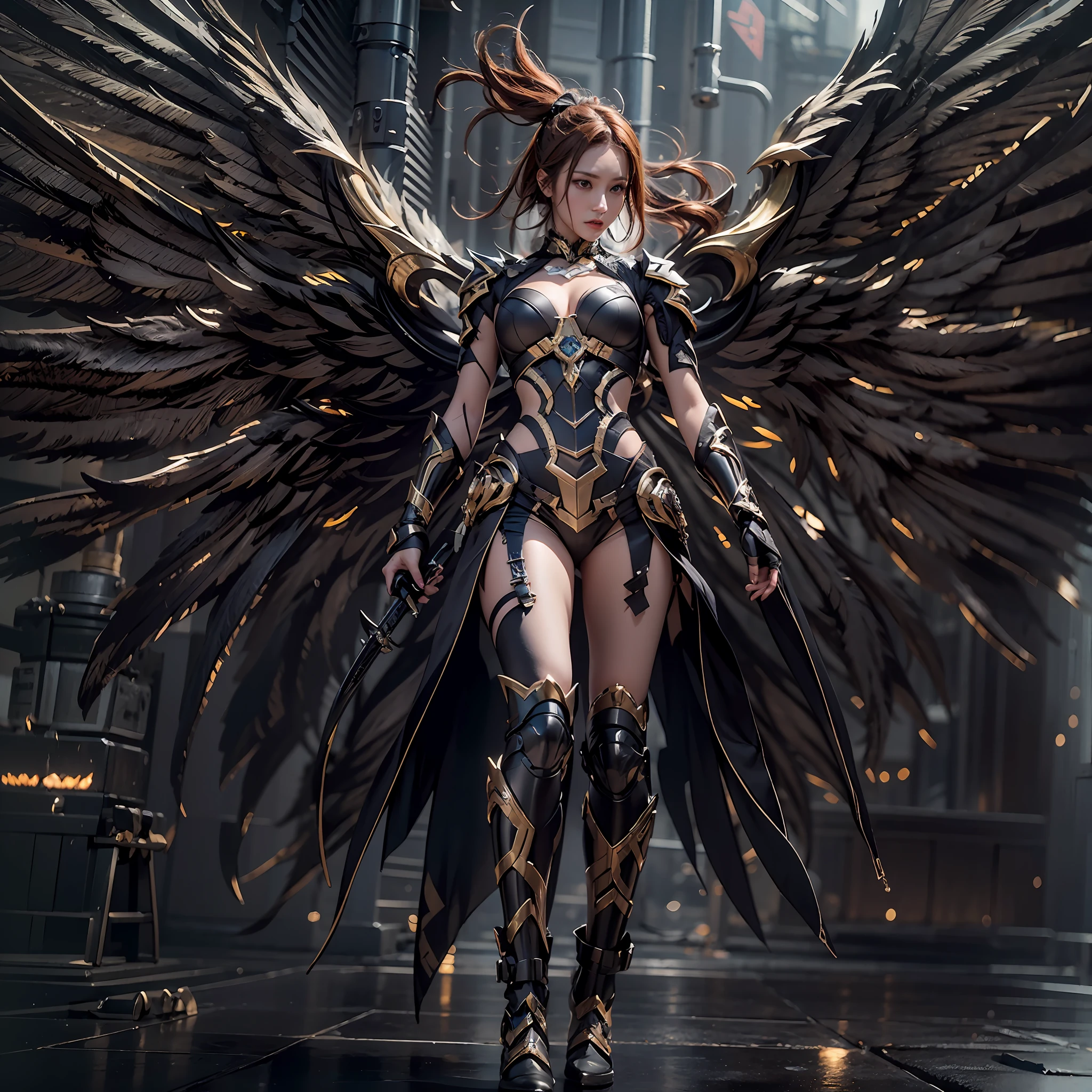 1girll，Dark Angel Warrior，(((On the back there is a pair of large black half-body wings)))，Black titanium，Metal wings，（（Metal wings）），（（Black gold metal armor）），high detal，（beautifulface），Perfect facial features，red tinted hair，Black and gold greatsword，Futuristic technical background，apathy、Aloof、On the high horse，atmospurate、macro，Realistis，hdr（HighDynamicRange）、Ray traching、NVIDIA RTX、Hyper-Resolution、illusory 5、sub surface scattering、post-proces、Anisotropy Filtering、depth of fields、maximum definition and sharpness，Surface coloring、Accurately simulate light-material interactions、perfectly proportions、rendering by octane、largeaperture、Low ISO、White balance、the rule of thirds、8K raw data、lightand shade contrast