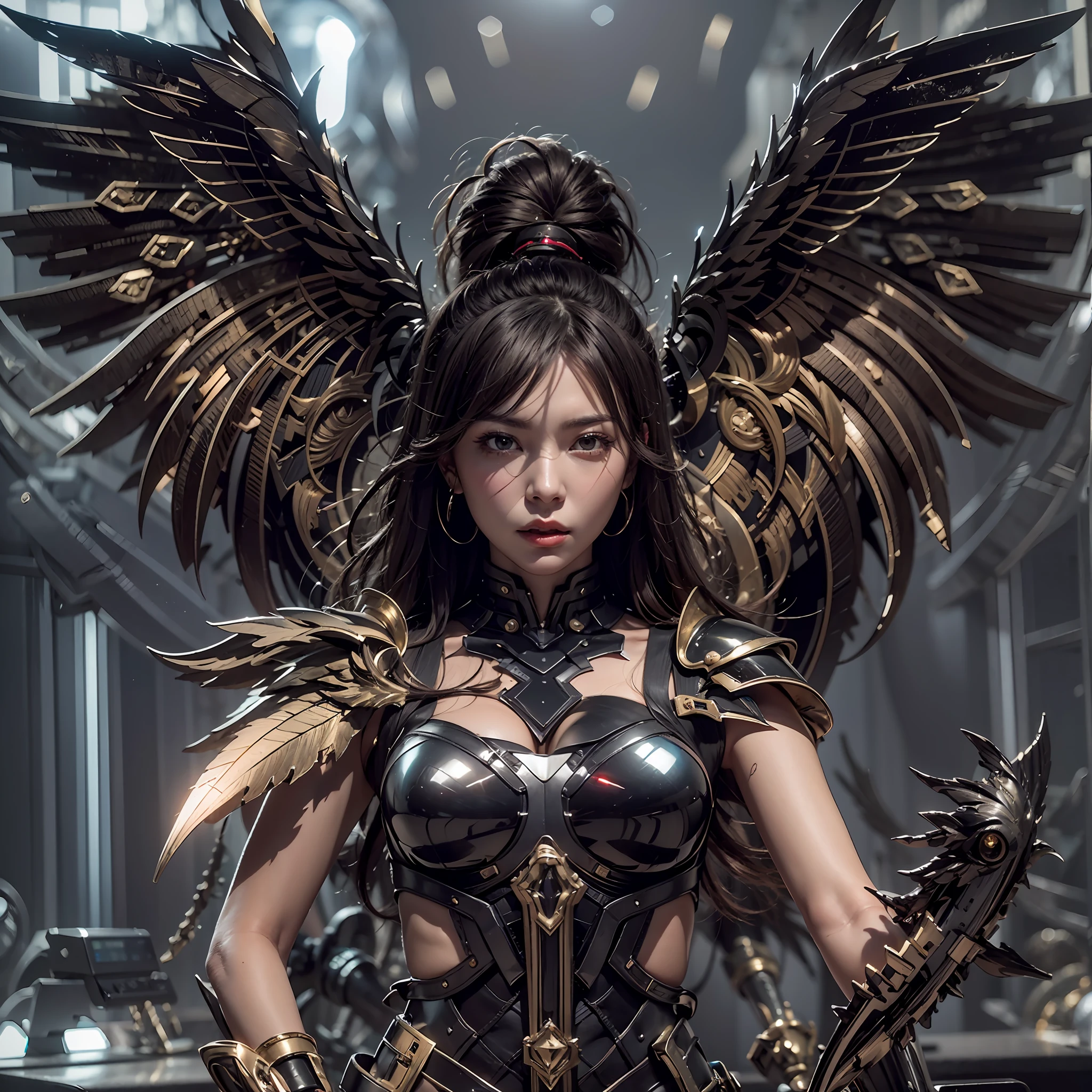 1girll，Dark Angel Warrior，(((On the back there is a pair of large black half-body wings)))，Black titanium，Metal wings，（（Metal wings）），（（Black gold metal armor）），high detal，（beautifulface），Perfect facial features，red tinted hair，Black and gold greatsword，Futuristic technical background，apathy、Aloof、On the high horse，atmospurate、macro，Realistis，hdr（HighDynamicRange）、Ray traching、NVIDIA RTX、Hyper-Resolution、illusory 5、sub surface scattering、post-proces、Anisotropy Filtering、depth of fields、maximum definition and sharpness，Surface coloring、Accurately simulate light-material interactions、perfectly proportions、rendering by octane、largeaperture、Low ISO、White balance、the rule of thirds、8K raw data、lightand shade contrast