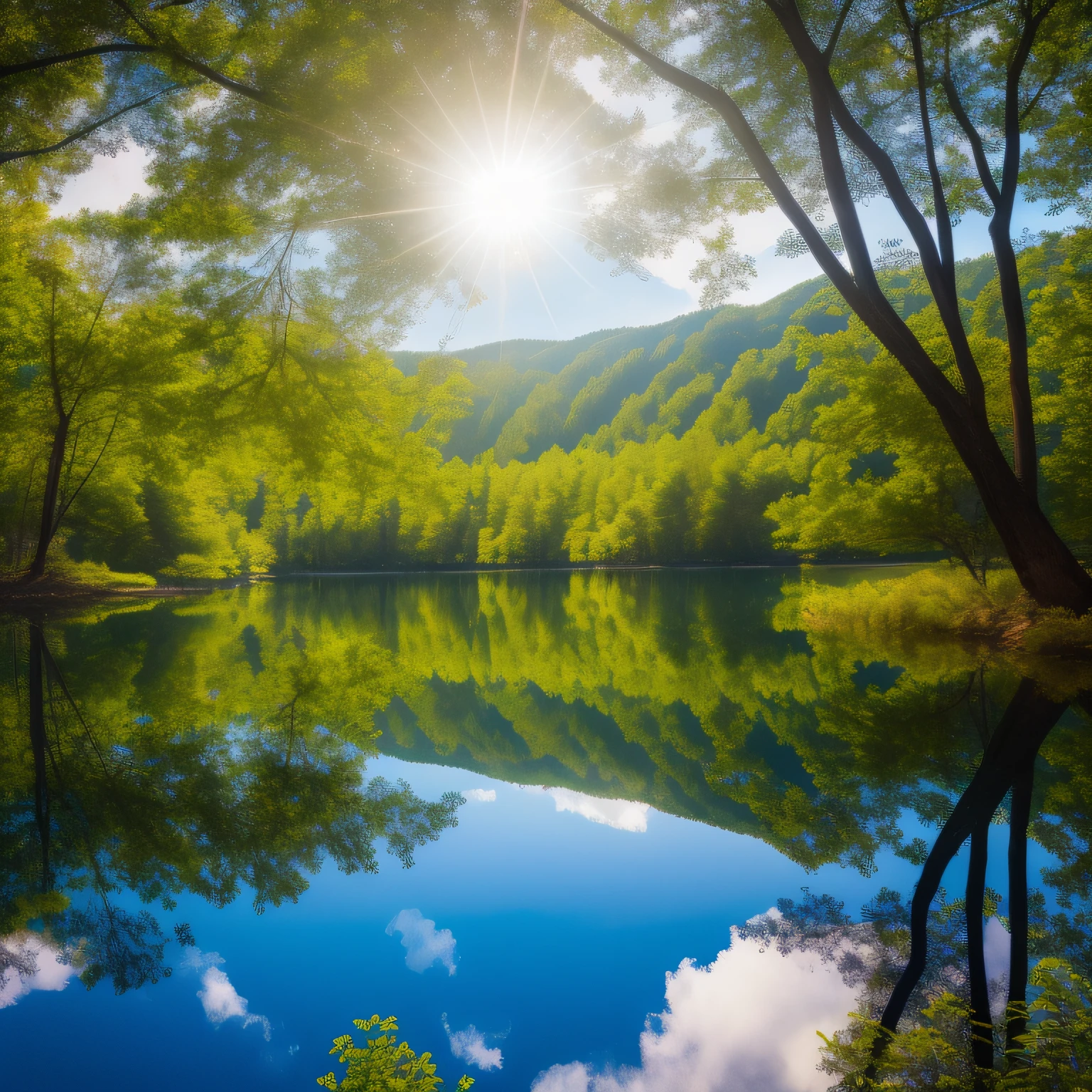 High hills, the trees, florals, lake water, no-humans, sideways, f/2.8, lens flare, Sony FE GM, UHD, masterpiece, super detail, high details, highres