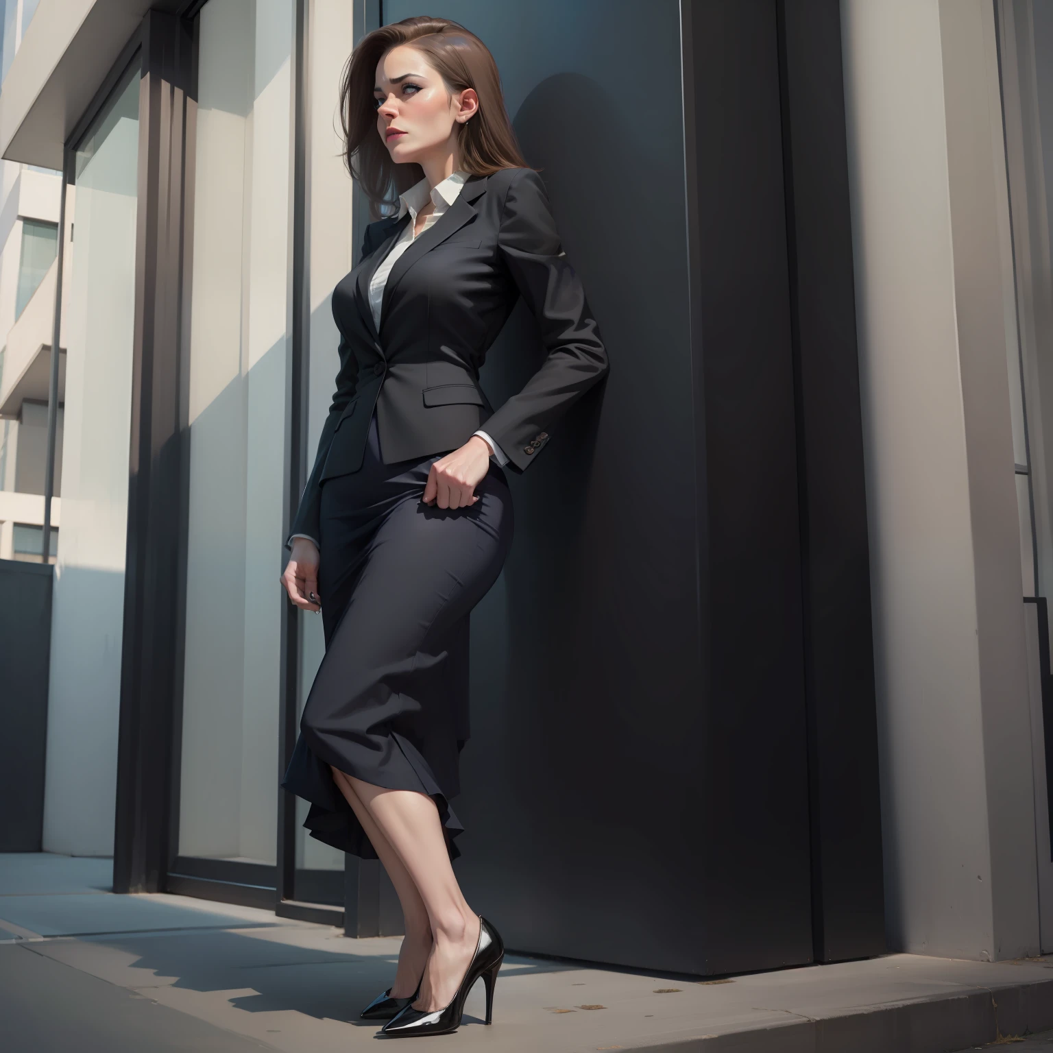 elegant business woman mature wearing a skirt and high heels desperate to pee