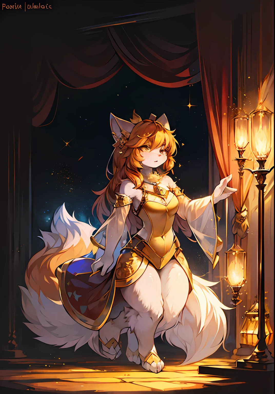 Masterpiece, 4k wallpaper, Cinematic light, absurderes, protrait 1girl, amber hair, Silver earrings, (little crystal floating:0.6), Crystal floats, particle glowing, Dreamy gold costume,shaggy，Furry female，Fluffy tail,canid，Full Body Furry