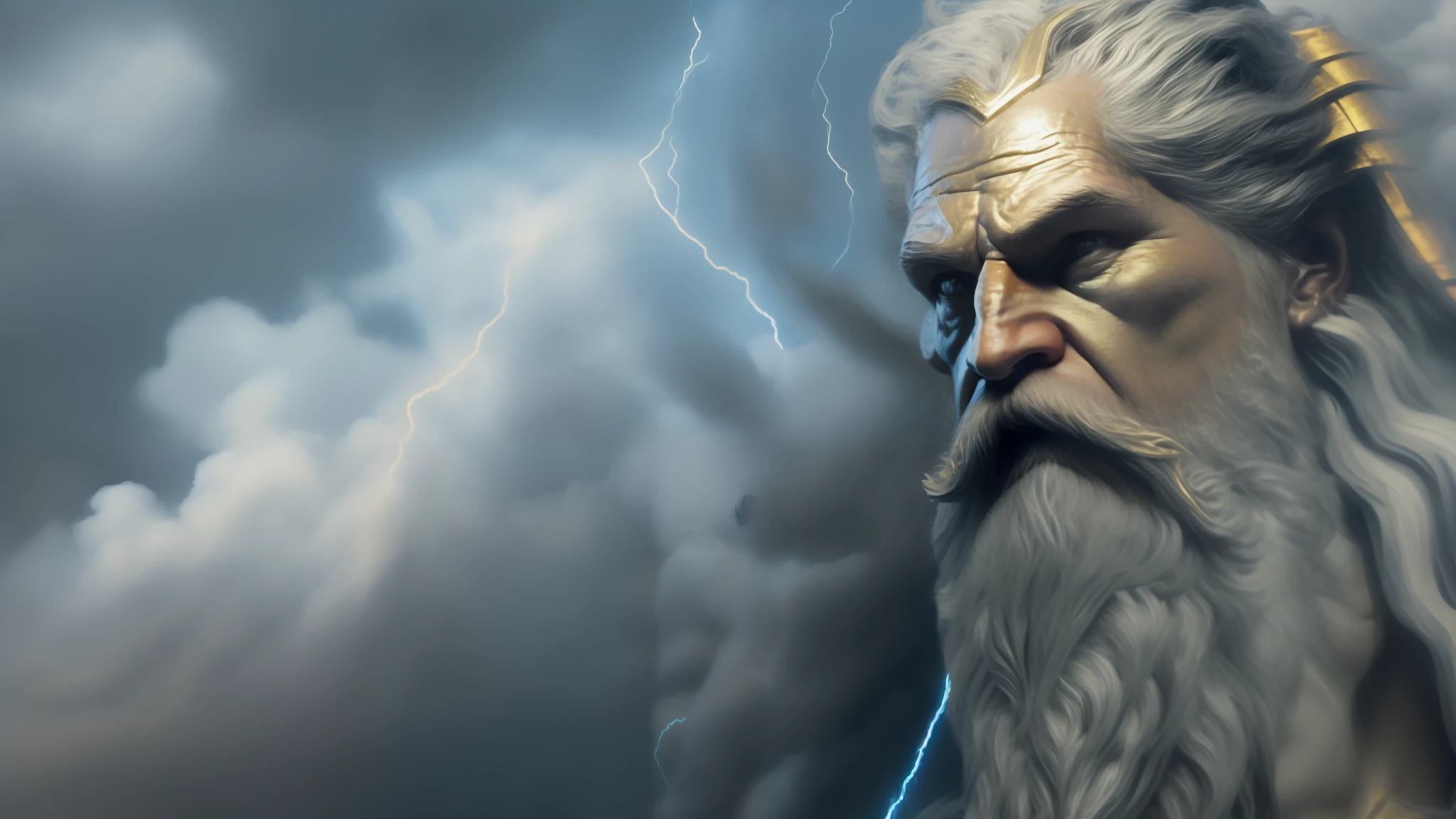 um close up de um homem com longos cabelos brancos e barba, Furioso Deus Zeus, Retrato pintado de Zeus acidentado, Retrato Zeus, Retrato pintado de Odin acidentado, Hora do Pai, Starcraft 2 personagem de videogame, O Deus Zeus, Retrato Saruman, Conhecido como Voryn Dagoth em vida, epic scene of zeus, pintura fosca arcano dota pixar, velho deus