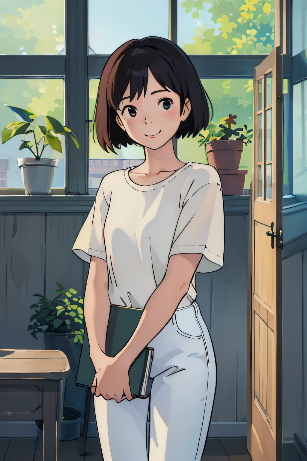 (masterpiece:1.4)、(top-quality:1.4)、(hight resolution:1.4)、a smile、girl with、Bob Hair、1 girl in、inside in room、huge window、Plain white t-shirt、Wearing jeans、houseplant、bookcase、lo fi、