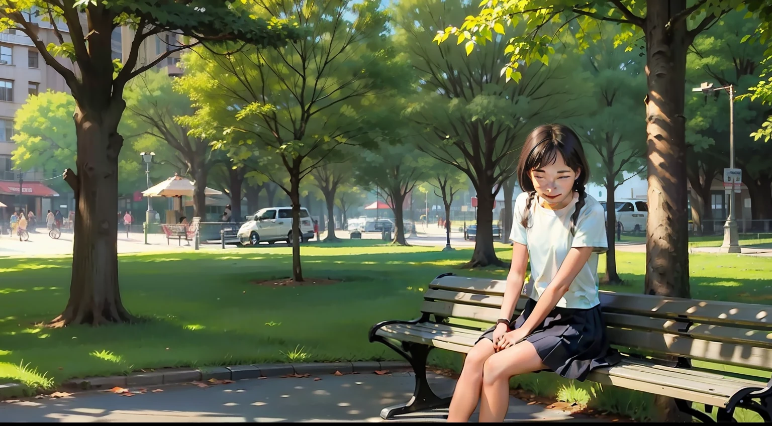 Urban parks，light wind，park bench，Sit on a bench，eye closeds，long  skirt