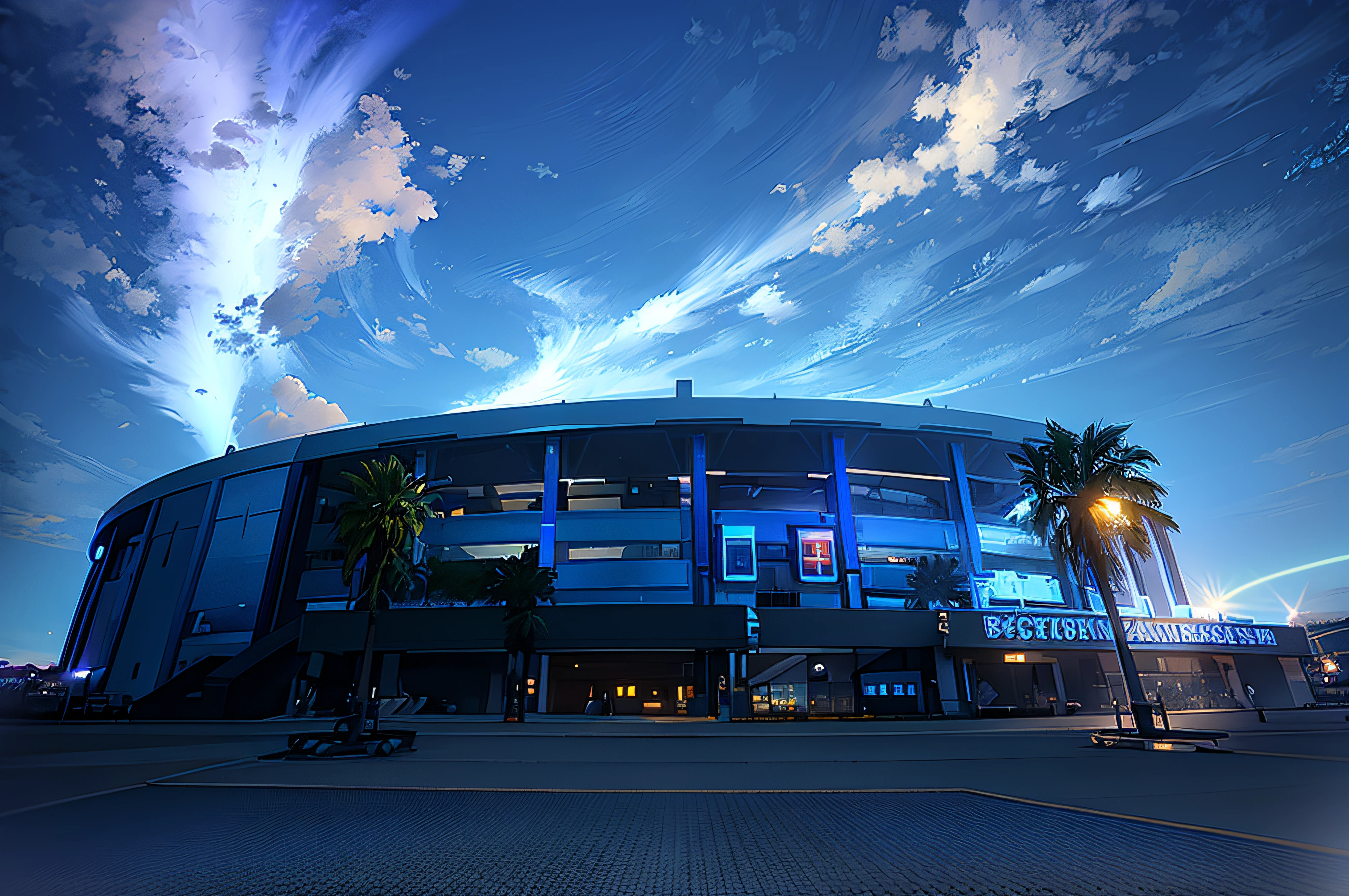 Alafed view of building bathed in blue light, blue hour lighting, Stadium, photo taken at night, Blue and yellow lighting, taken with sony alpha 9, Blue and orange lighting, Stern Blue Neon Atmosphere, Art Deco stadium, Blue bright dark blue sky, Blue lighting, blue night, taken with sony a7r camera