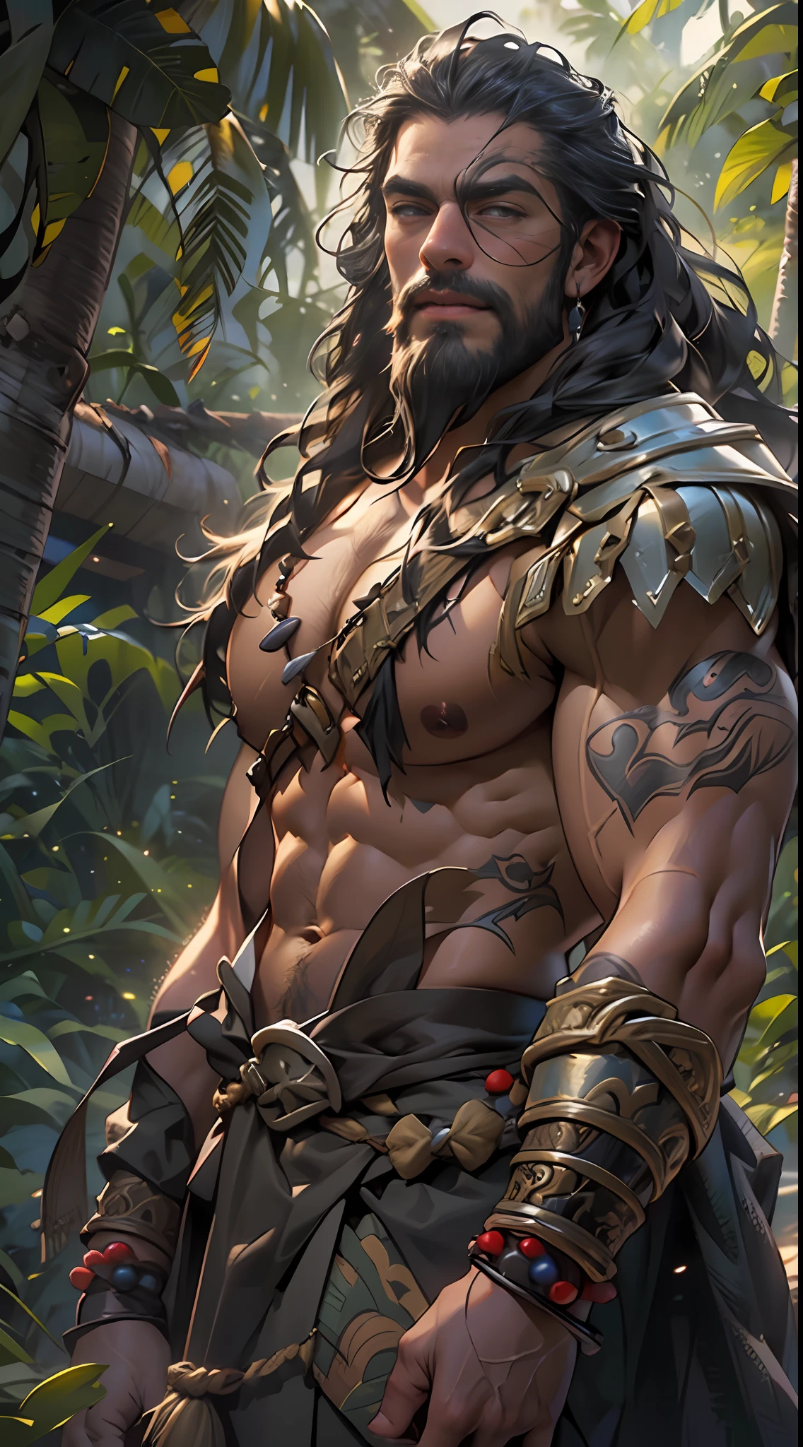 Muscular barbarian, partially  upper body, lower body uncovered from thighs to feet, bearded with beads, long flowing curls, intricate muscular details, photorealistic artwork, 4K quality. Background: Dense jungle with ancient ruins,32k uhd, best quality, masterpiece, super detail, high details