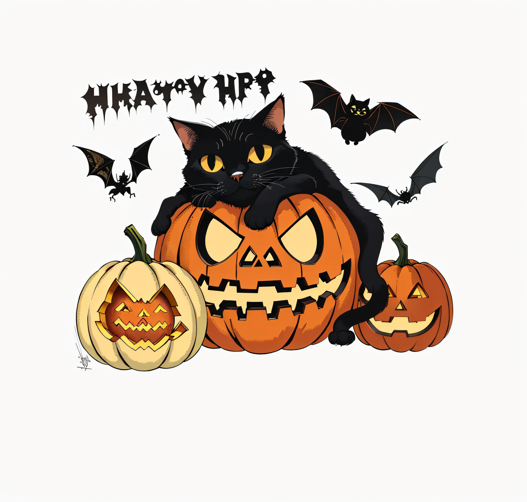 There is a black cat and a bat sitting on a pumpkin, halloween art style, halloween theme, in a halloween style, scary detailed art in color, spooky halloween theme, scary creatures in background, halloween atmosphere, Scary color pictures, halloween wallpaper with ghosts, Dark!, halloween scene, Halloween, halloween celebration, pumpkins, halloween night, !!!! cat!!!!, Trick or Treat,Vintage illustration，Retro，Graphic illustration，planar
