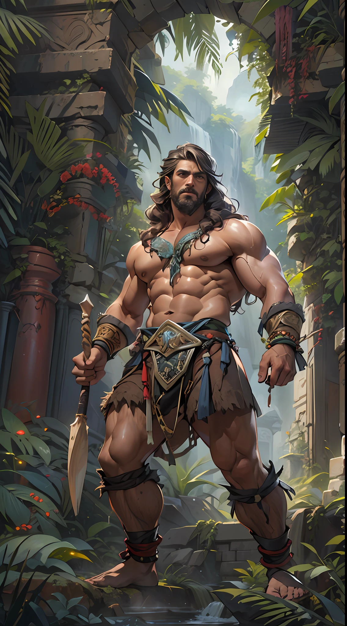 Muscular barbarian, partially upper body, lower body uncovered from thighs to feet, bearded with beads, long flowing curls, intricate muscular details, photorealistic artwork, 4K quality. Background: Dense jungle with ancient ruins,32k uhd, best quality, masterpiece, super detail, high details