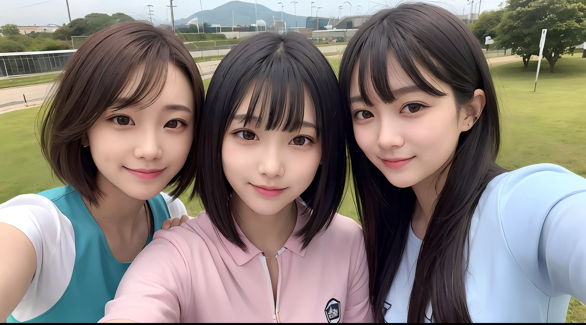 2 girls、29-year-old girl、Fashionable company uniforms、hairstyle on(Black Hair Bob、Brown hair long)、a picture、realisticlying、top-quality、adopt、A detailed face、Selfie wind、Event Venues、细致背景、diffuse sunlight、depth of fields、独奏