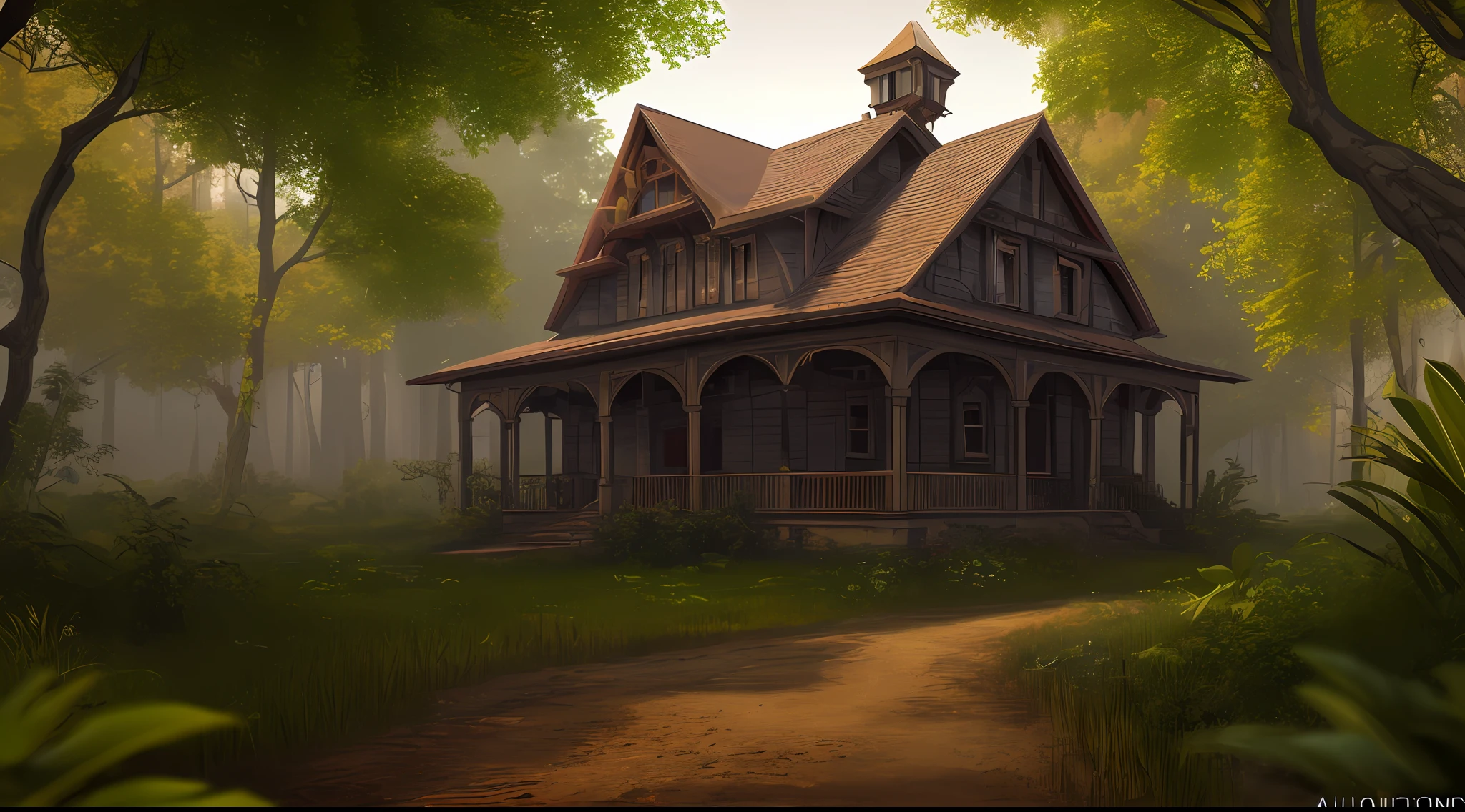 old painting style, abandoned vampire villa in a forest, oversaturated, colorful, highly detailed, high resolution, ray tracing reflections, dramatic lighting, 8k vibrant colors, detailed acrylic, intricate complexity, soft natural volumetric cinematic perfect light by Alphonse Mucha
