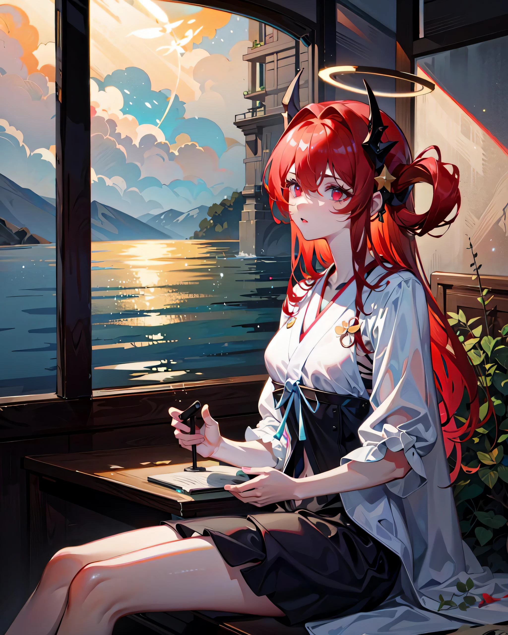 masterpiece,best quality,ultra-detailed,very detailed illustrations,extremely detailed,intricate details,highres,super complex details,extremely detailed 8k cg wallpaper,cowboy shot, caustics,reflection,tracing, (1girl:1.4),solo,alone, headgear, long hair,red hair, hair between eyes, multicolored hair, colored inner hair, red eyes,glowing eye,eye trail, random expressions,sitting,ocean, full body, cetus,coda,ocean,coralcoast,cowboy shot,ocean background, sitting,, masterpiece,best quality,ultra-detailed,very detailed illustrations,extremely detailed,intricate details,highres,super complex details,extremely detailed 8k cg wallpaper,cowboy shot, caustics,reflection,ray tracing,demontheme,nebula,dark aura,cyber effect, (1girl:1.4),solo,alone,headgear, mechanical halo,star halo,intricate bodysuit, corset, kimono, full armor, very long hair,white hair, hair between eyes, multicolored hair, colored inner hair, red eyes,glowing eye,eye trail, random expressions,random action, ancient japanese architecture,pond, starry sky,skyline,