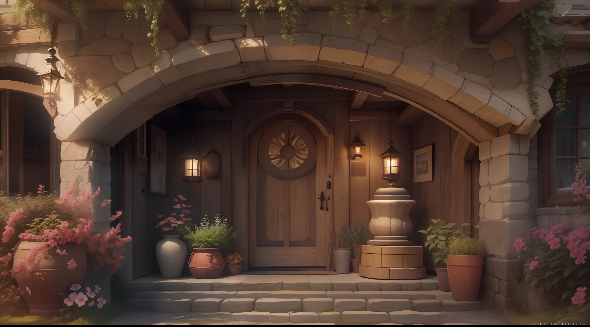 In the dim summer twilight, the entrance hall, the cottage-style house, entering the hall, you will see an enchanting staircase on the left. It exudes a rustic charm. The hall invites me to explore further, and the 12 steps invite me to discover what lies beyond. Soft lighting creates a warm glow, creating a cozy atmosphere and peace of mind. You can relax and embrace the tranquility of your surroundings, very realistic photo, very realistic photo, photographic, キヤノン, Eye-level shots, first-person perspective, スーパーディテール, ハイディテール, hig quality, from outside