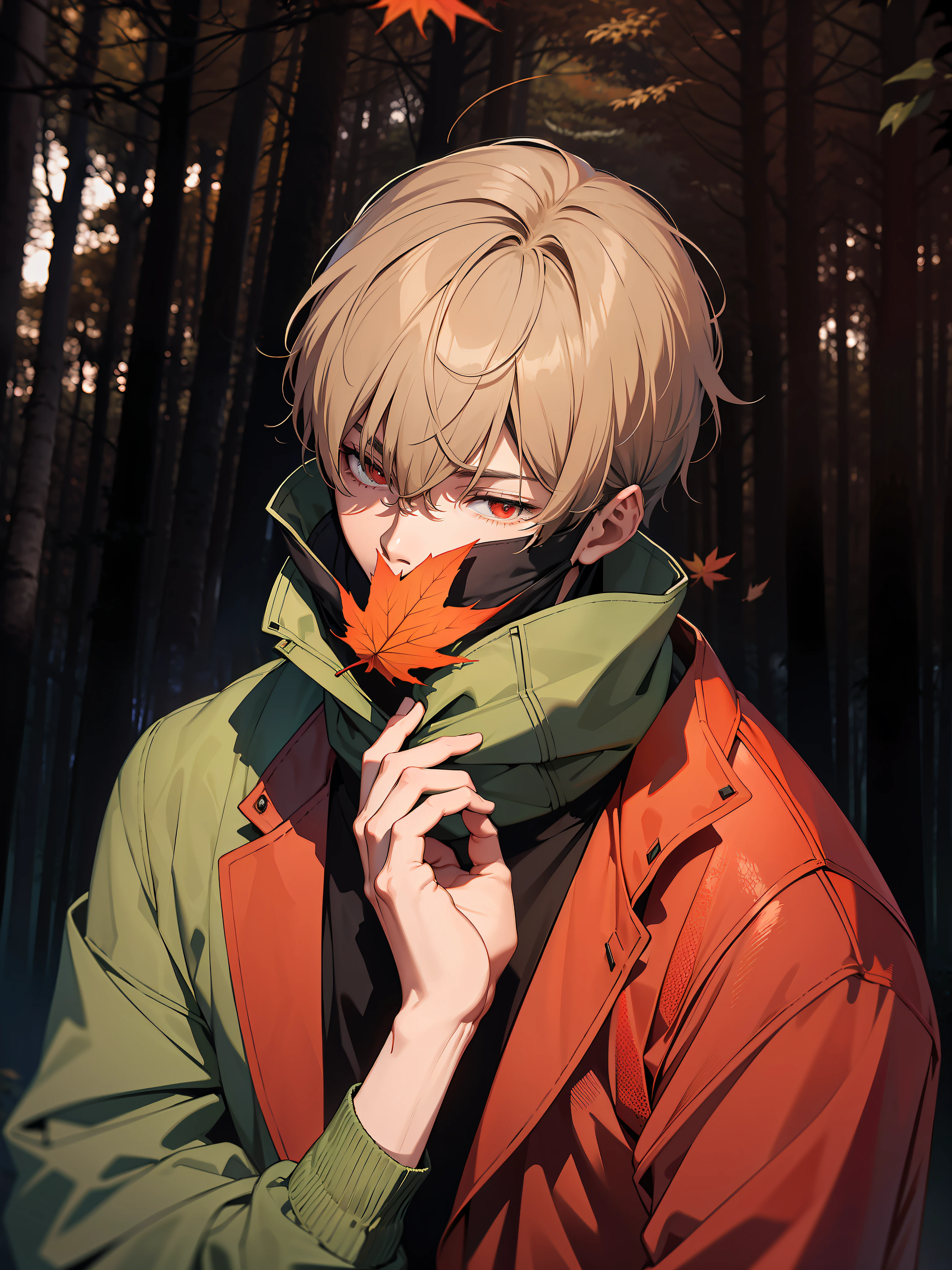 A young man stands in the dark forest, It is surrounded by tall trees with autumn leaves. The man's face was obscured by a blur, As if to protect their identity. They wore black jackets，Brunette reaches the shoulders. The forest is dimly lit, Creates a contrast between red and black. The image evokes a sense of mystery and danger.