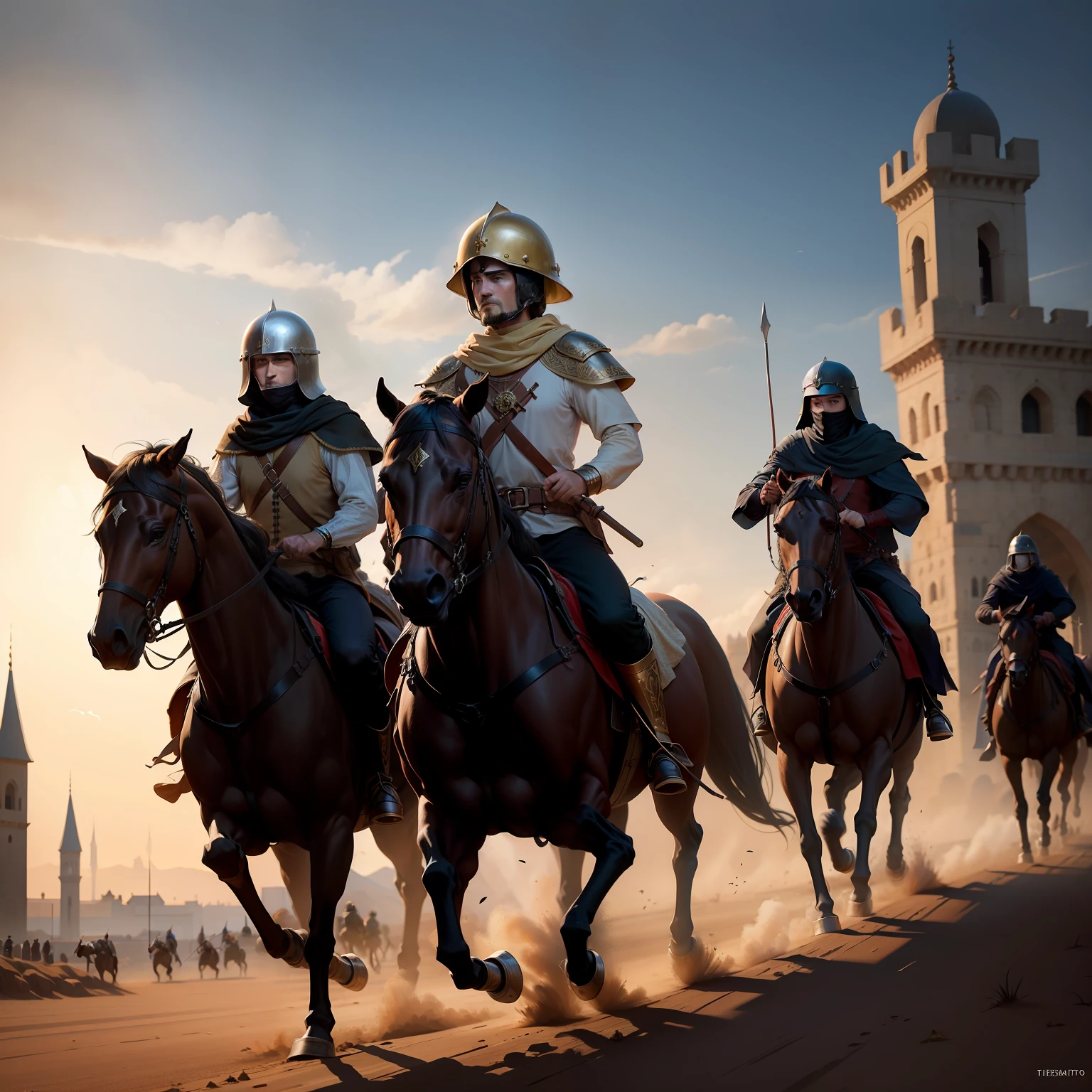 arte conceitual medieval,5 men wearing helmets,Rush towards the Muslim enemy line