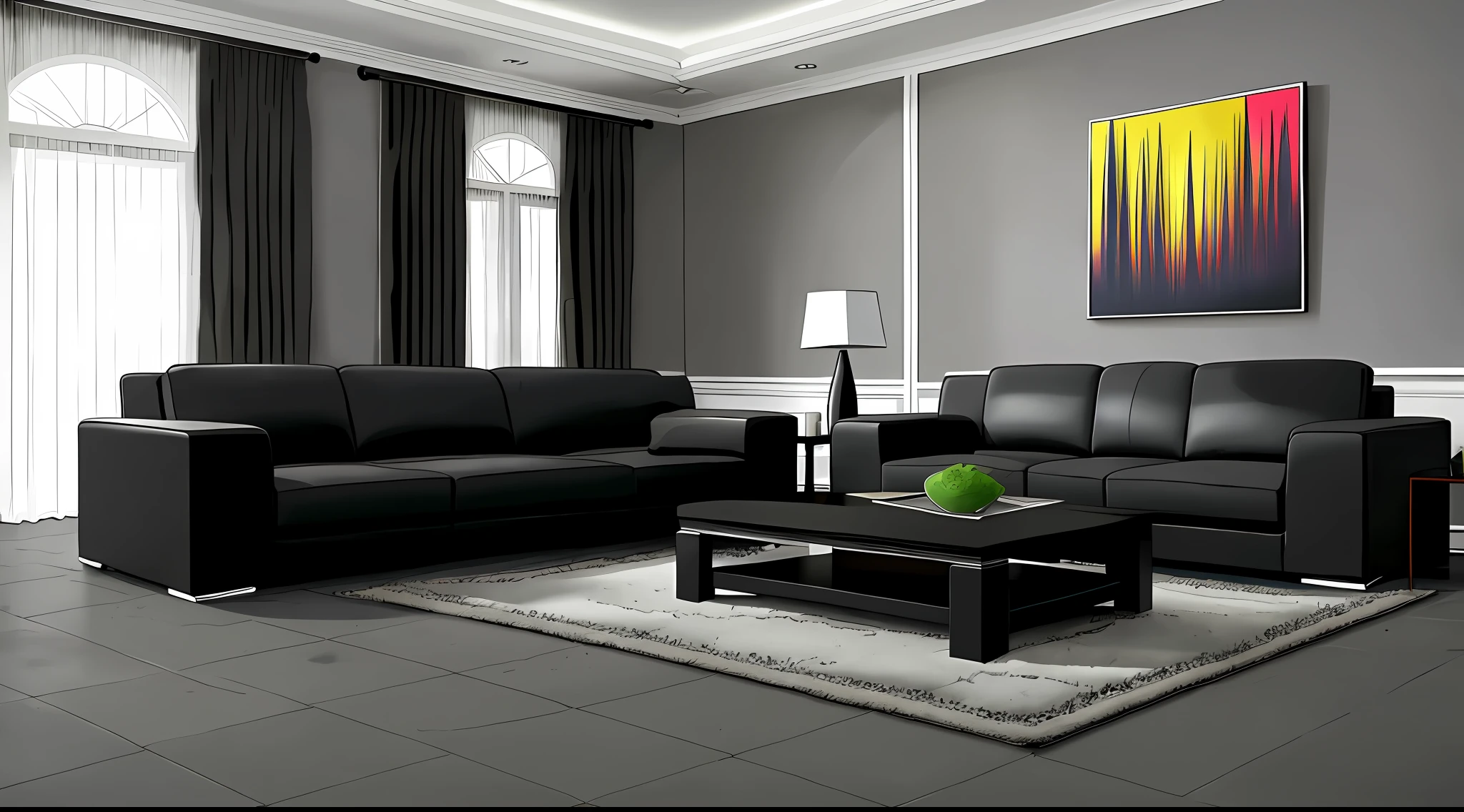 living room interior， Grey floor，Black sofa，Black coffee table， 8K， hyper HD， tmasterpiece， highest  quality