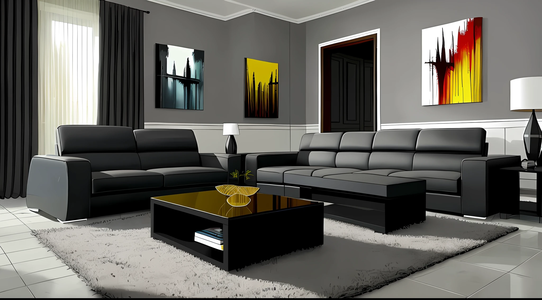 living room interior， Grey floor，Black sofa，Black coffee table， 8K， hyper HD， tmasterpiece， highest  quality