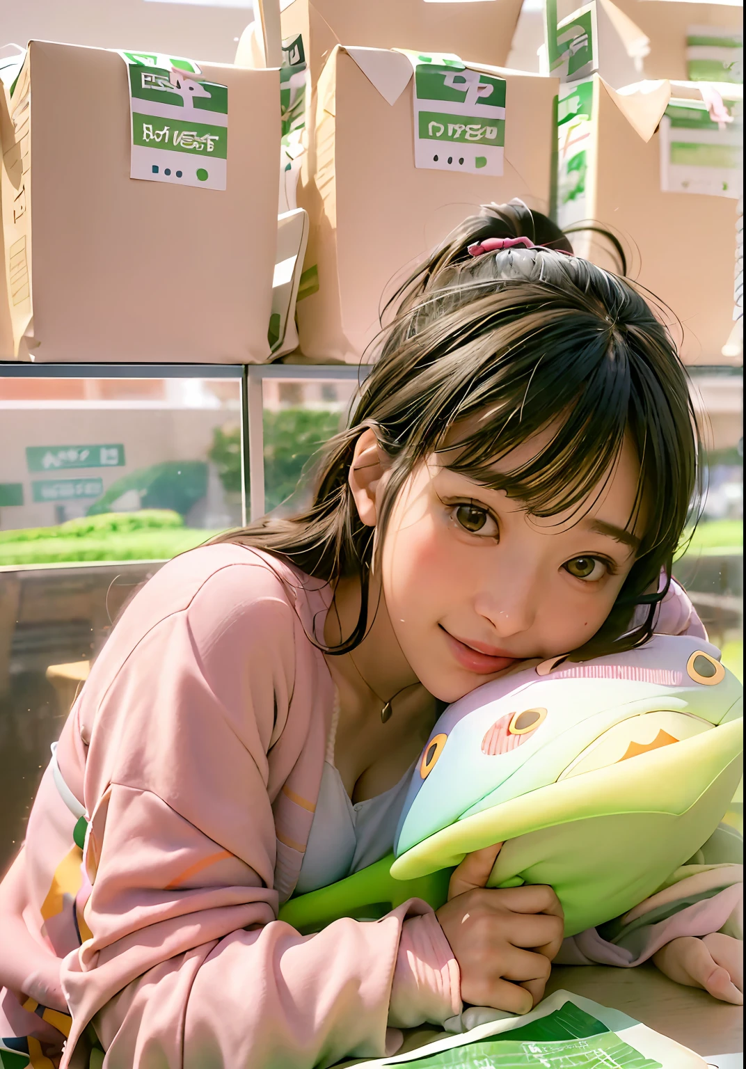 there is a woman sitting at a table with a cell phone, zora々Shishi Japan of Girls, Realistic Young Gravure Idol, chiho, portrait of a japanese teen, 奈良美智, Chiho Aoshima, warm and gentle smile, Kotegawa Yui, Anime. Soft lighting,Live-action girl smiling