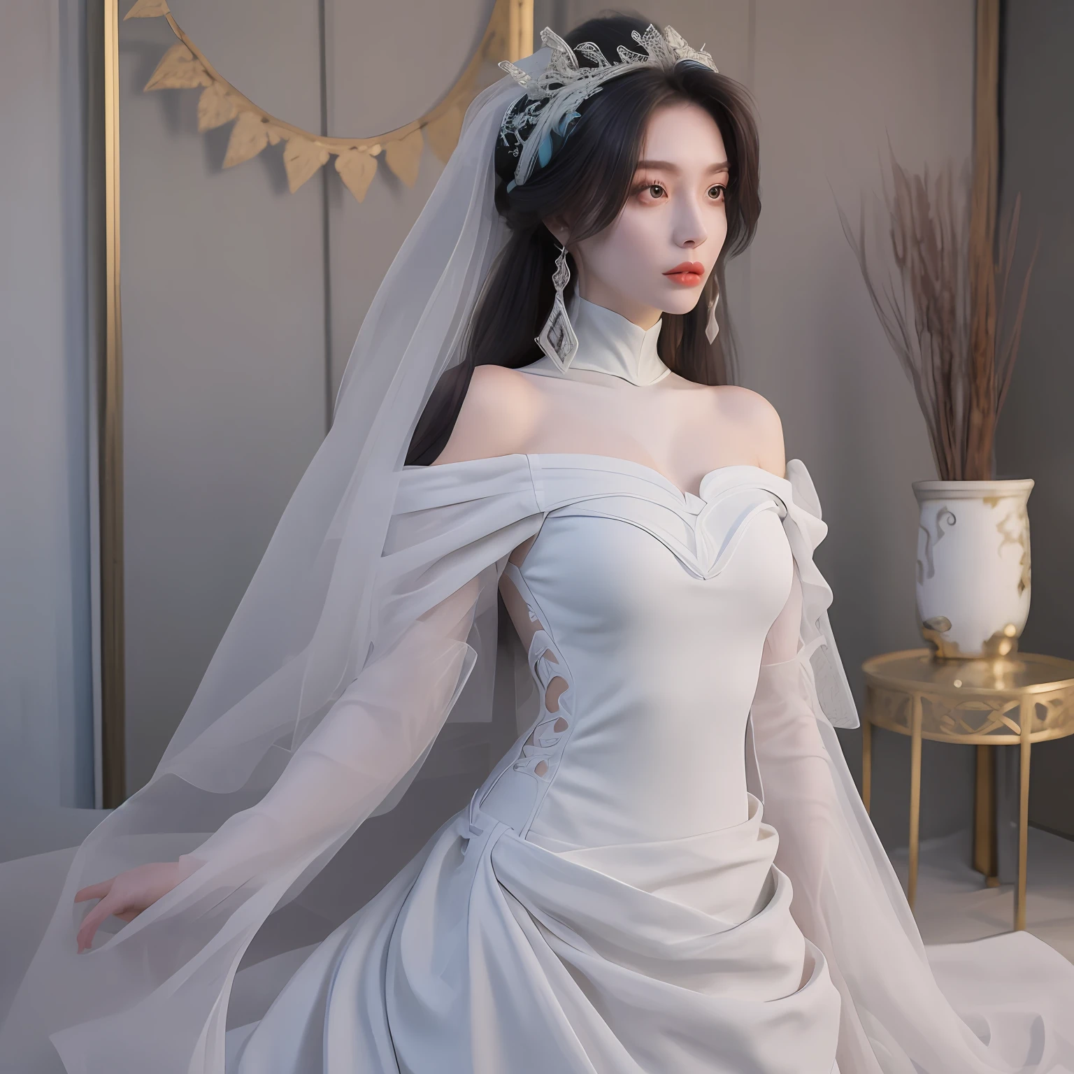 Beautiful 22 year old young lady perfect height ratio wearing white wedding dress tight dress off-the-shoulder waist ribbon