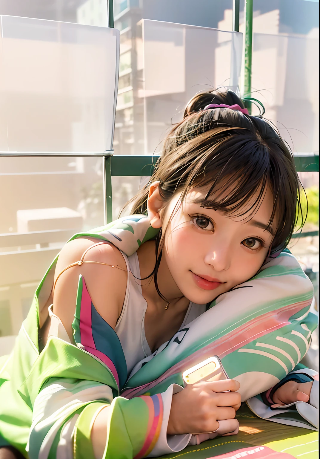 there is a woman sitting at a table with a cell phone, zora々Shishi Japan of Girls, Realistic Young Gravure Idol, chiho, portrait of a japanese teen, 奈良美智, Chiho Aoshima, warm and gentle smile, Kotegawa Yui, Anime. Soft lighting,Live-action girl smiling