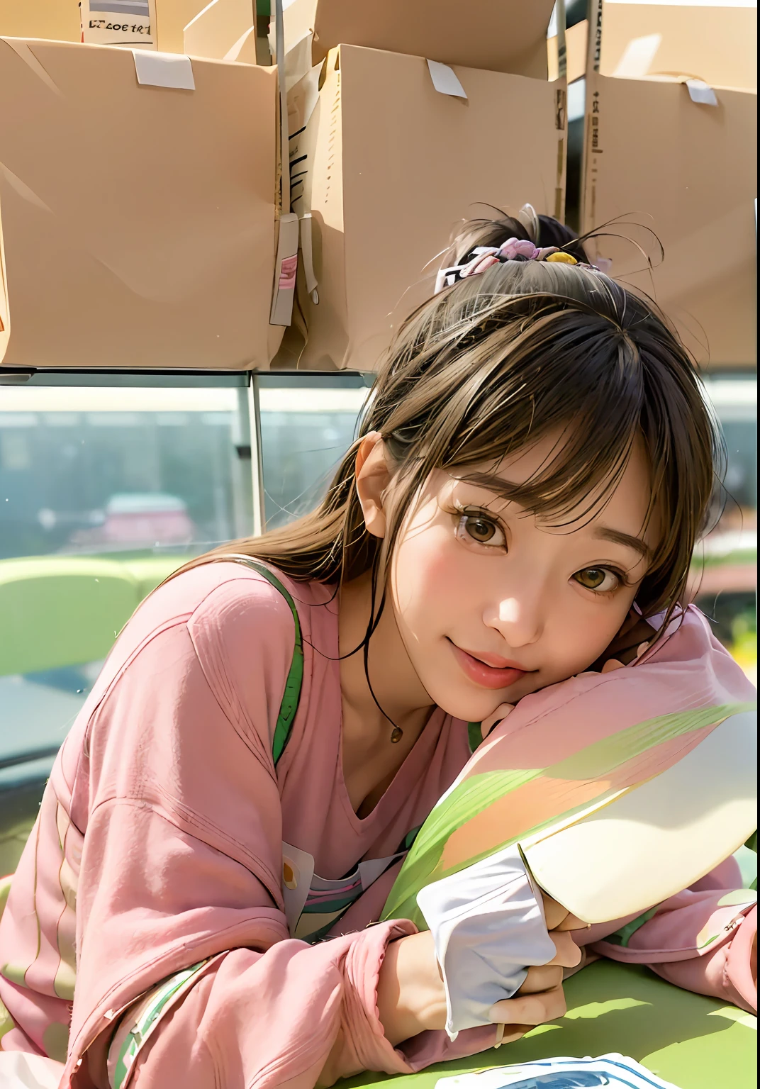 there is a woman sitting at a table with a cell phone, zora々Shishi Japan of Girls, Realistic Young Gravure Idol, chiho, portrait of a japanese teen, 奈良美智, Chiho Aoshima, warm and gentle smile, Kotegawa Yui, Anime. Soft lighting,Live-action girl smiling