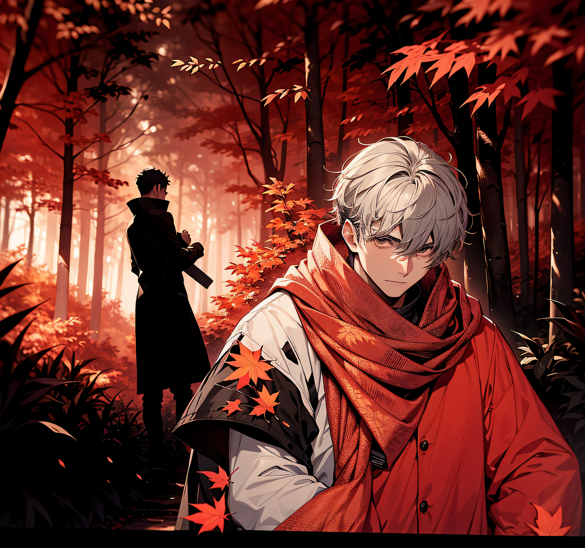 A young man stands in a dark forest, It is surrounded by tall trees and autumn leaves. The man's face was obscured by a blur, As if to protect their identity. They wore black jackets,Gray hair reaches the shoulders. The forest is dimly lit, Create a contrast between red and black. The image evokes a sense of mystery and danger.