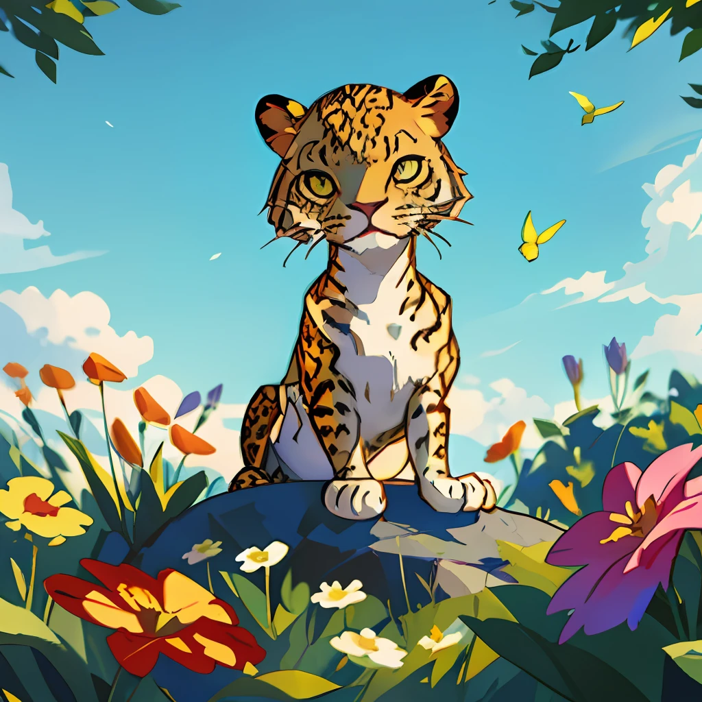 A cute little leopard,Among the colorful flowers