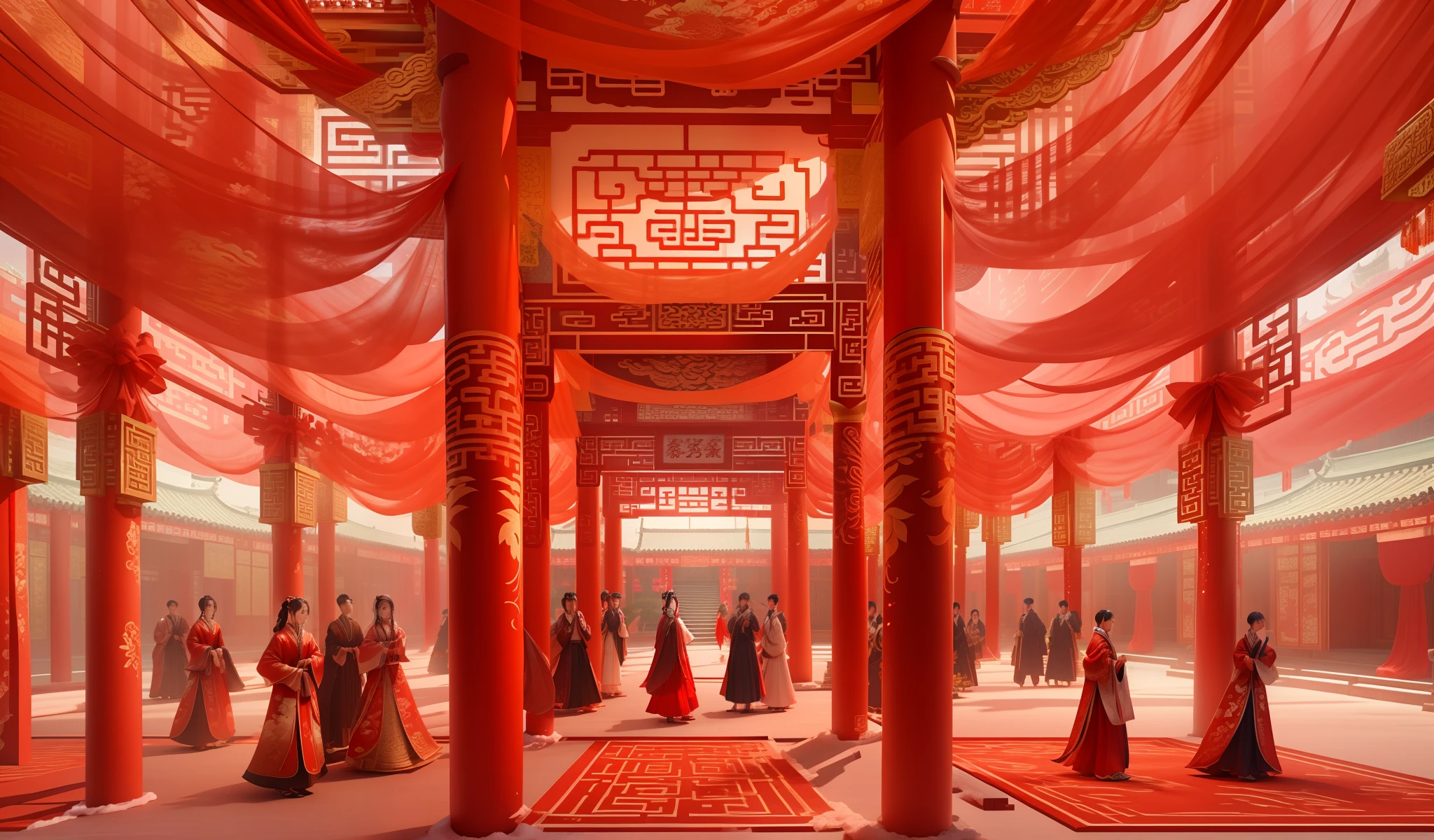 The exterior is full of red fabrics,Fabric through Chinese architecture,dreamlike landscapes,Flowing fabrics,Festive 3D installation renderings,The Chinese Tang Palace installations on the huge stage are covered with red silk,