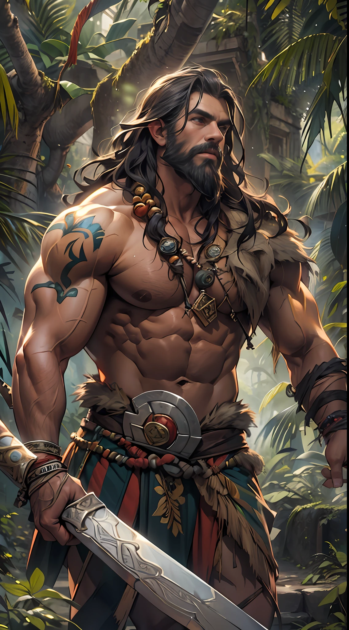 Muscular barbarian, partially upper body, lower body uncovered from thighs to feet, bearded with beads, long flowing curls, intricate muscular details, photorealistic artwork, 4K quality. Background: Dense jungle with ancient ruins,32k uhd, best quality, masterpiece, super detail, high details