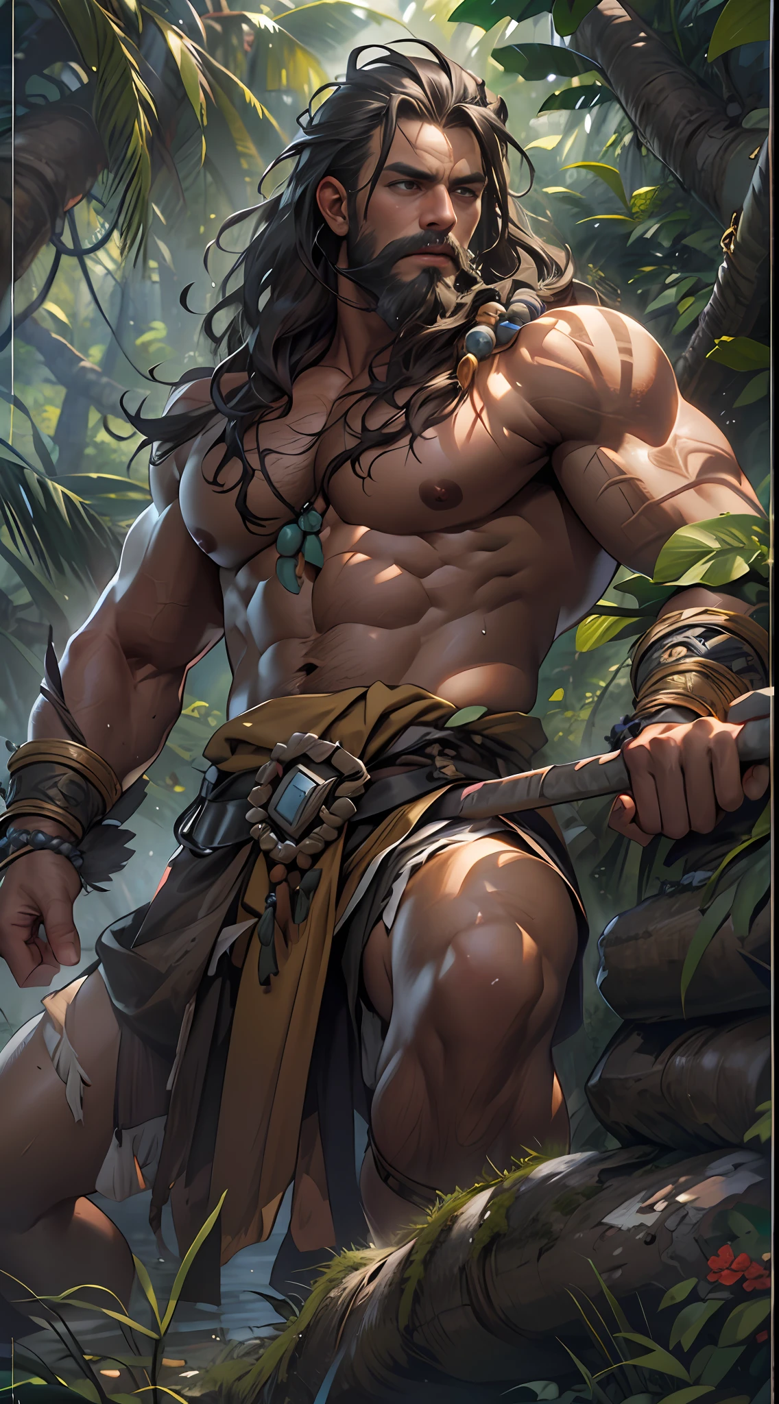 Muscular barbarian, partially  upper body, lower body uncovered from thighs to feet, bearded with beads, long flowing curls, intricate muscular details, photorealistic artwork, 4K quality. Background: Dense jungle with ancient ruins,32k uhd, best quality, masterpiece, super detail, high details