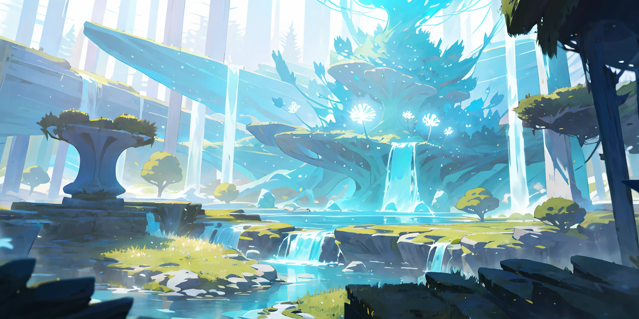 （tmasterpiece，best qualtiy，A high resolution，The meticulousness is extraordinary：1.2），（细致背景），scenecy，（（，the night：1.5，themoon，starrysky，galactic）），（（fresh flowers：1.6）），fanciful，light particules，废墟：0.5，Clear river，Dandelion Sea，Stone forest or stone pillar，waterfallr，dandelion，Floating dandelion，Flowing dandelion：0.5，（Painting style - magic elements：1.5），fog atmosphere：0.4